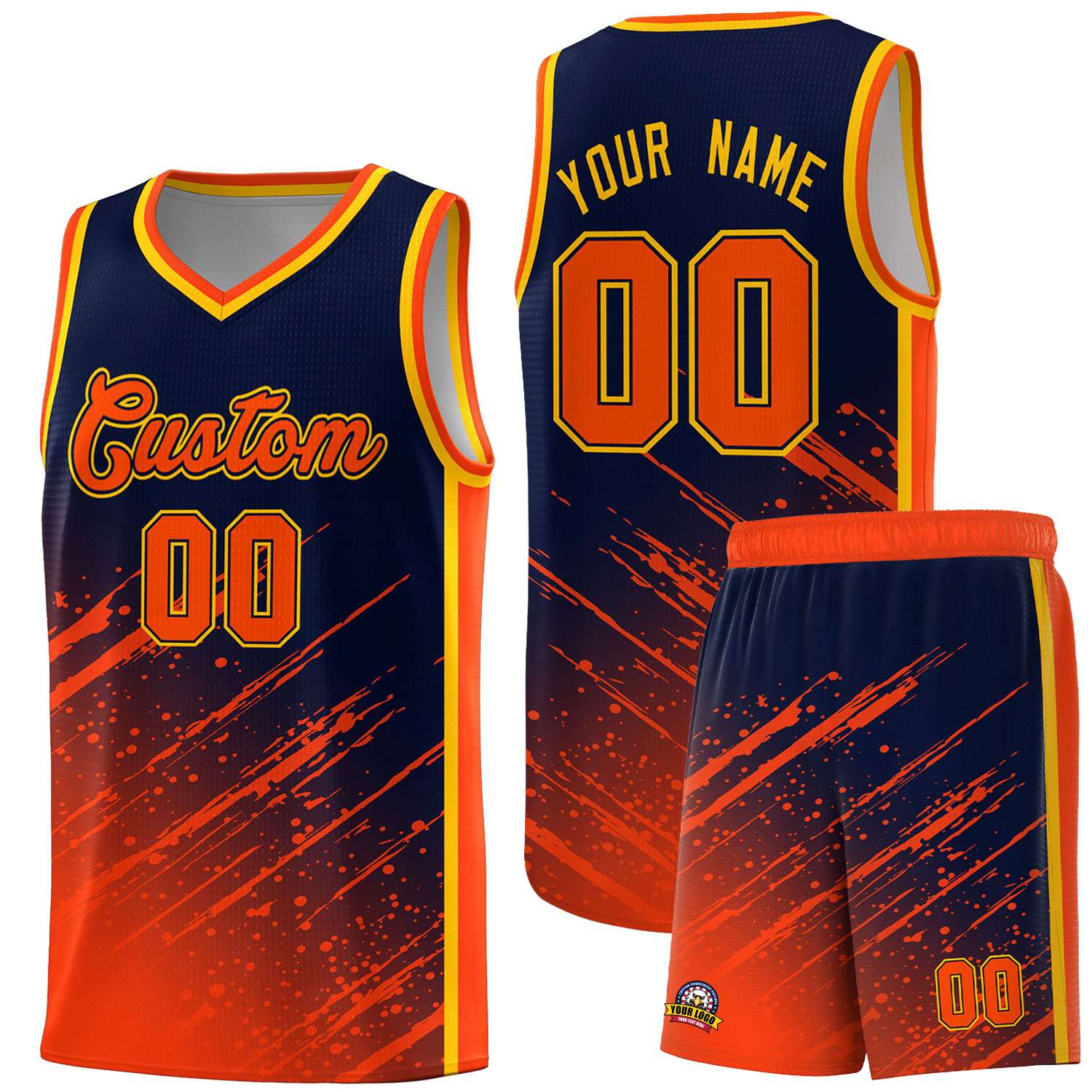 Custom Navy Basketball Kits With Orange Paint Graffiti