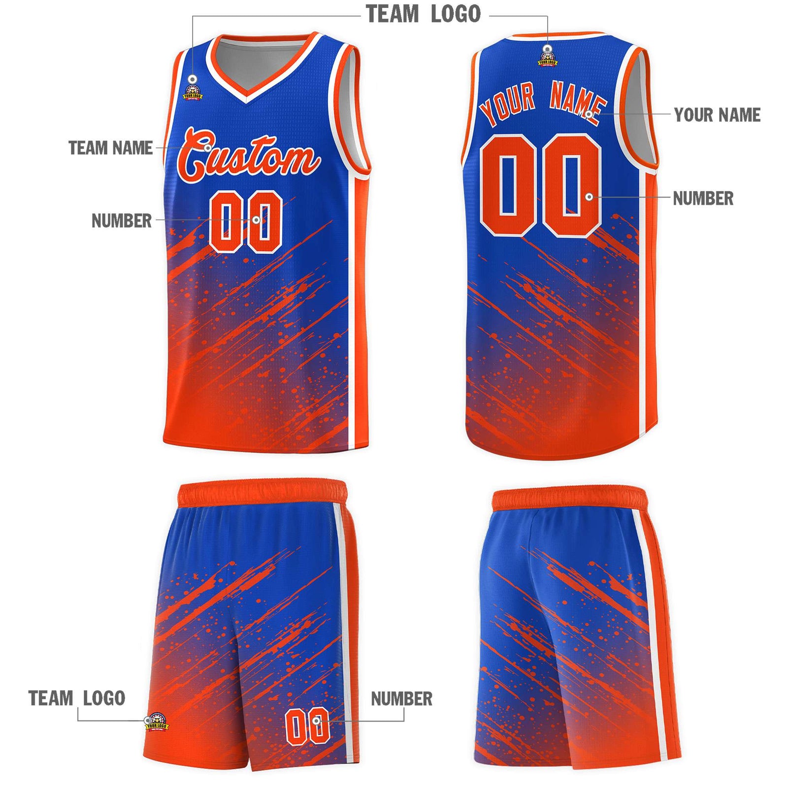 Custom Royal Basketball Kits With Orange Paint Graffiti