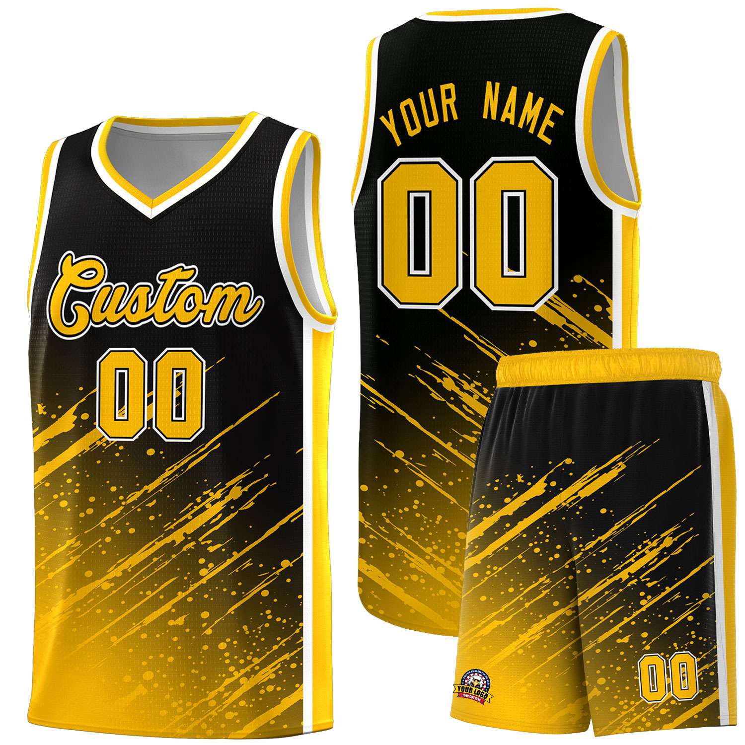 Custom Black Basketball Kits With Yellow Paint Graffiti