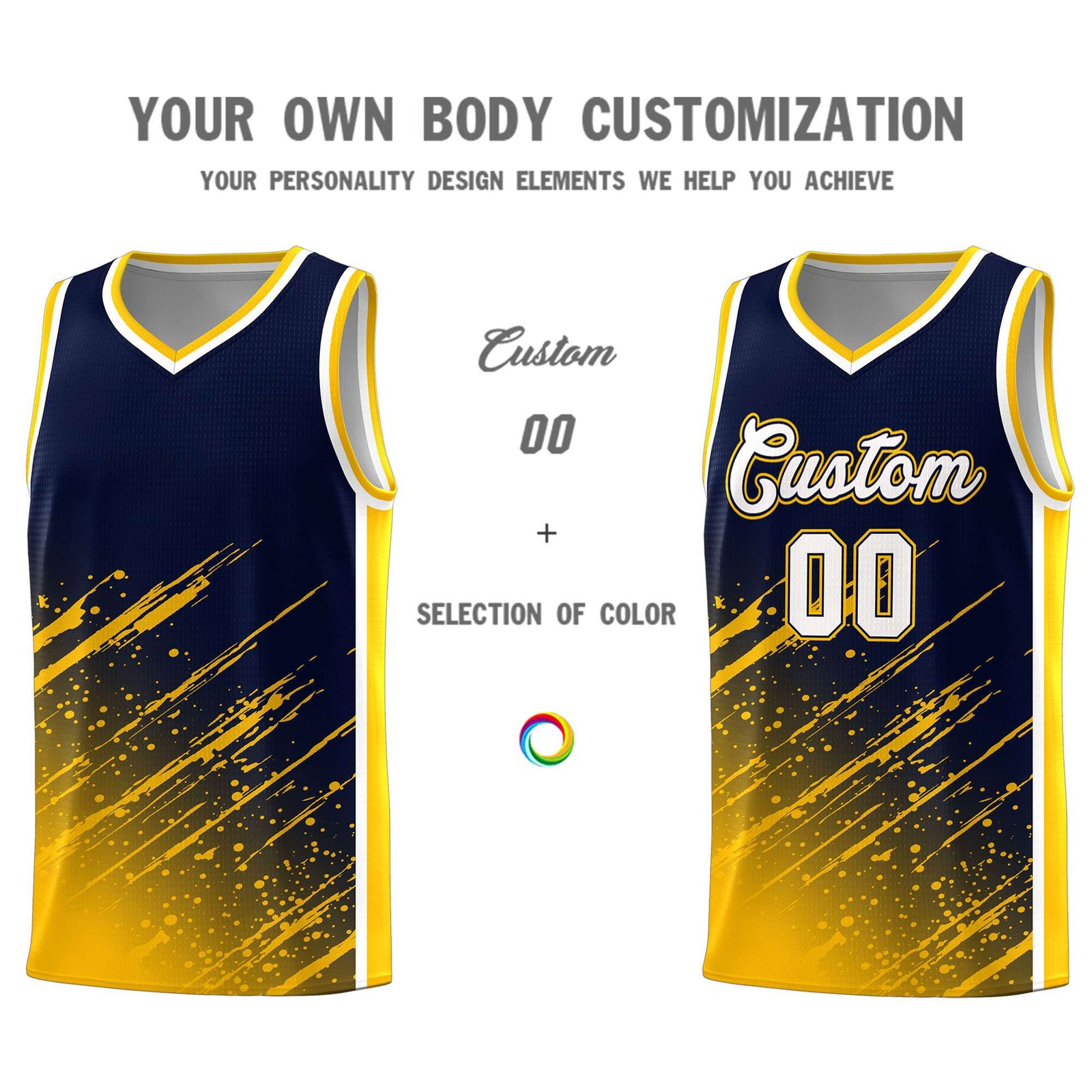 Custom Navy Basketball Kits With Yellow Paint Graffiti