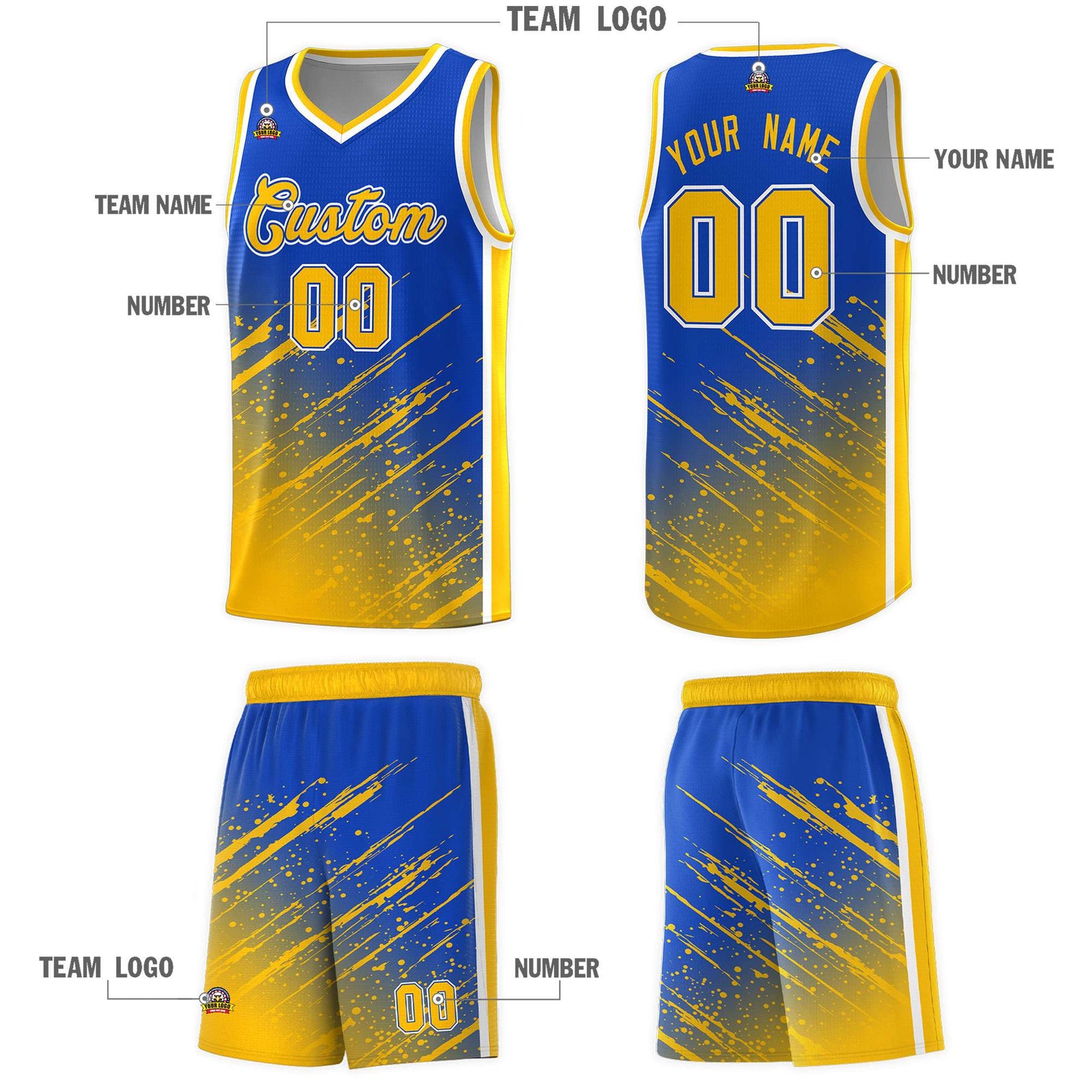 Custom Royal Basketball Kits With Yellow Paint Graffiti