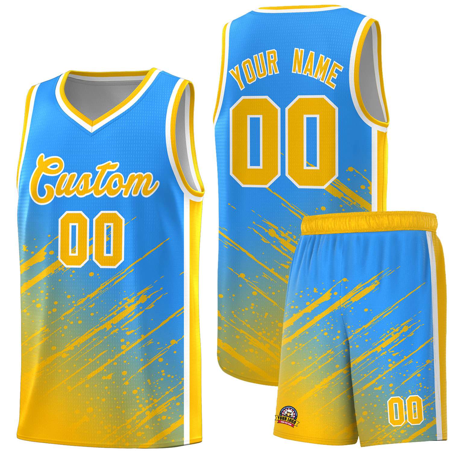 Custom Powder Blue Basketball Kits With Yellow Paint Graffiti