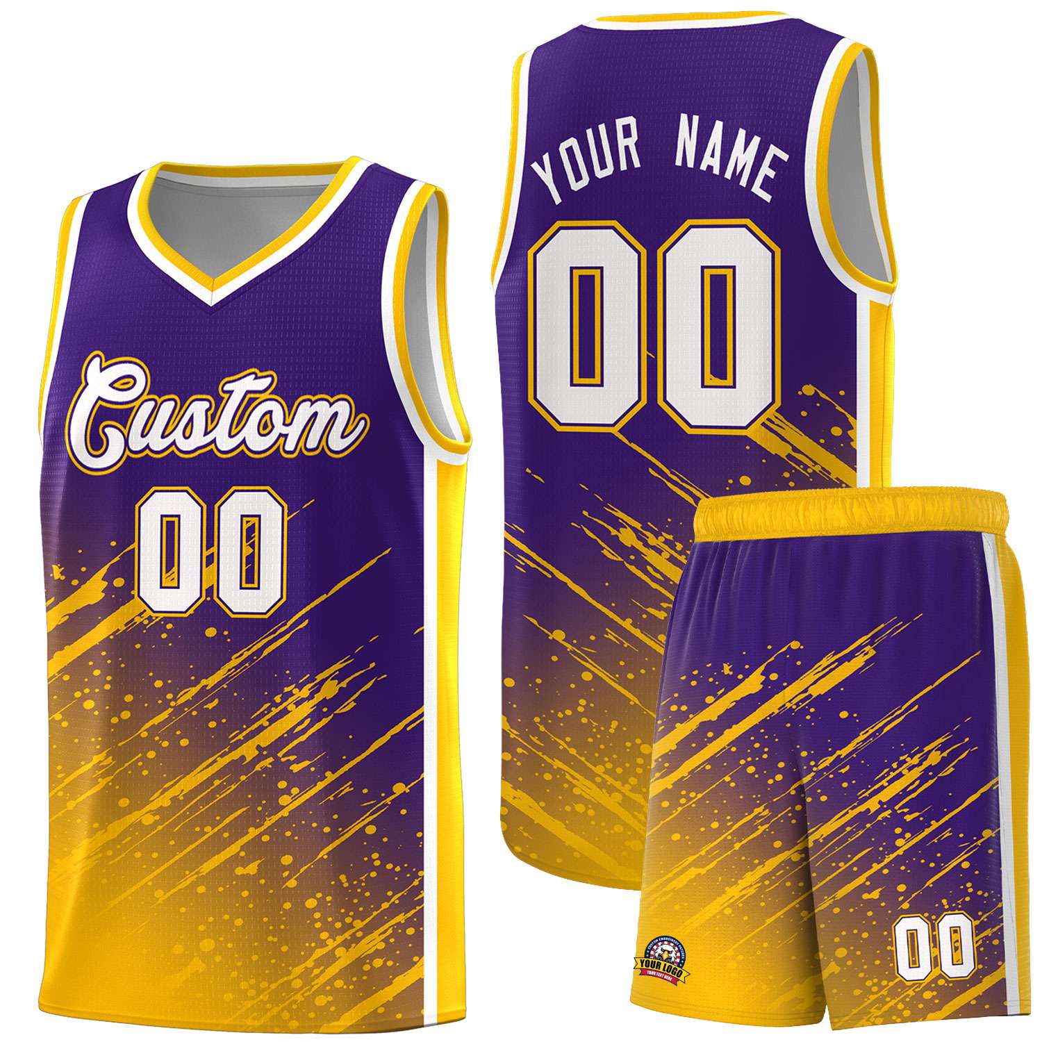 Custom Purple Basketball Kits With Yellow Paint Graffiti