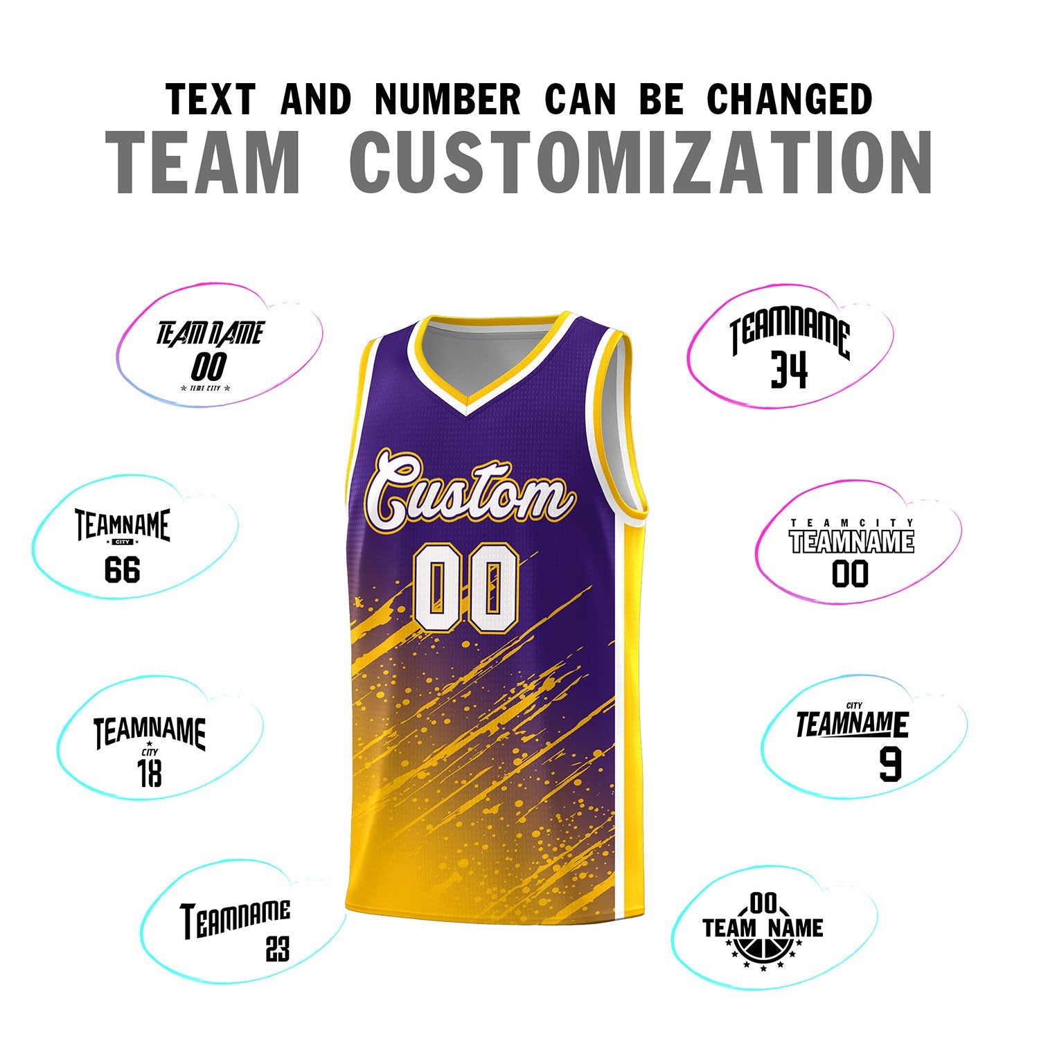 Custom Purple Basketball Kits With Yellow Paint Graffiti