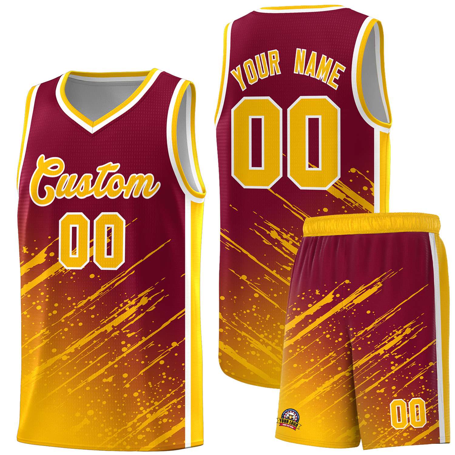 Custom Crimson Basketball Kits With Yellow Paint Graffiti