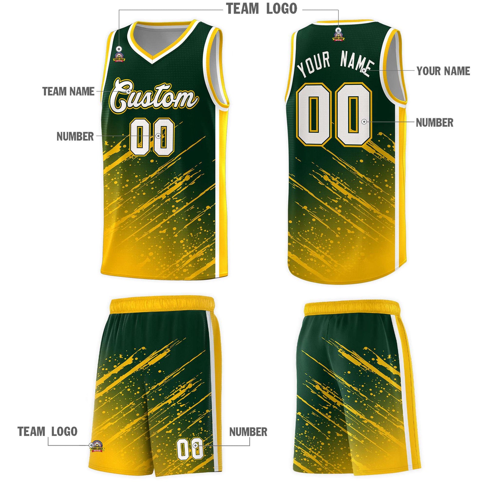 Custom Green Basketball Kits With Yellow Paint Graffiti