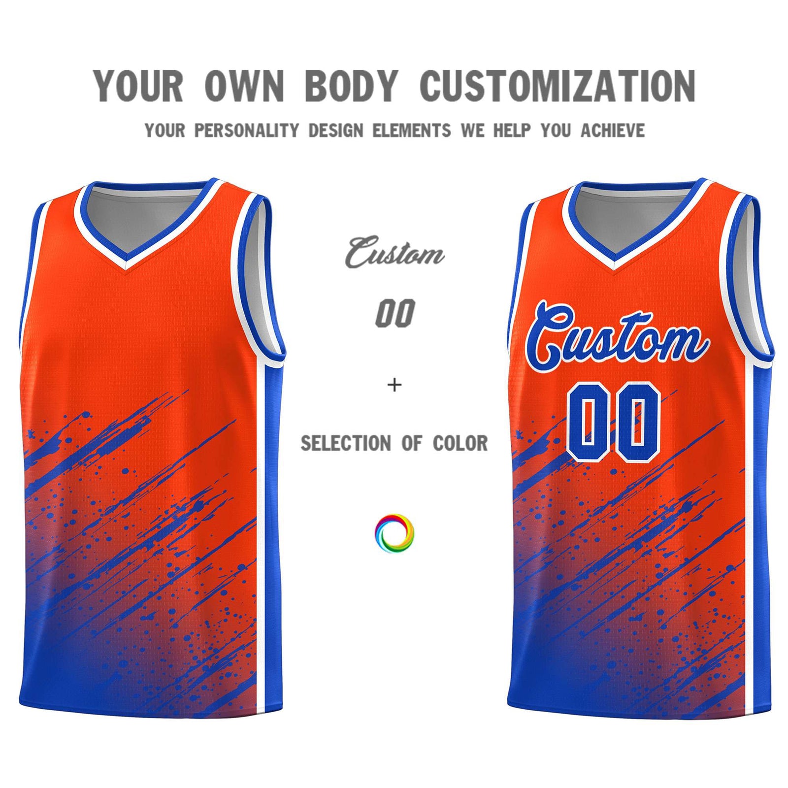 Custom Orange Basketball Kits With Royal Paint Graffiti