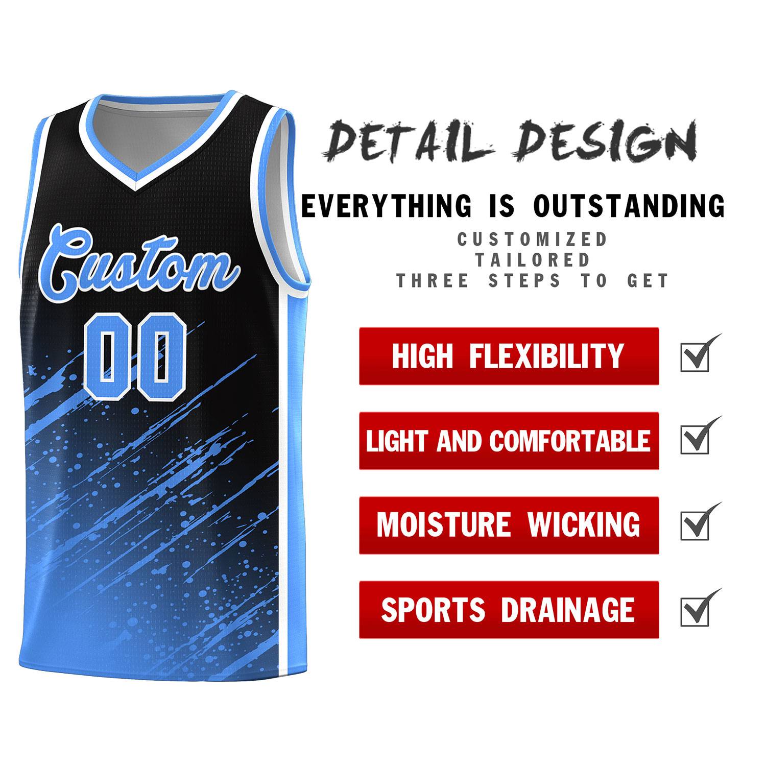 Custom Black Basketball Kits With Powder Blue Paint Graffiti
