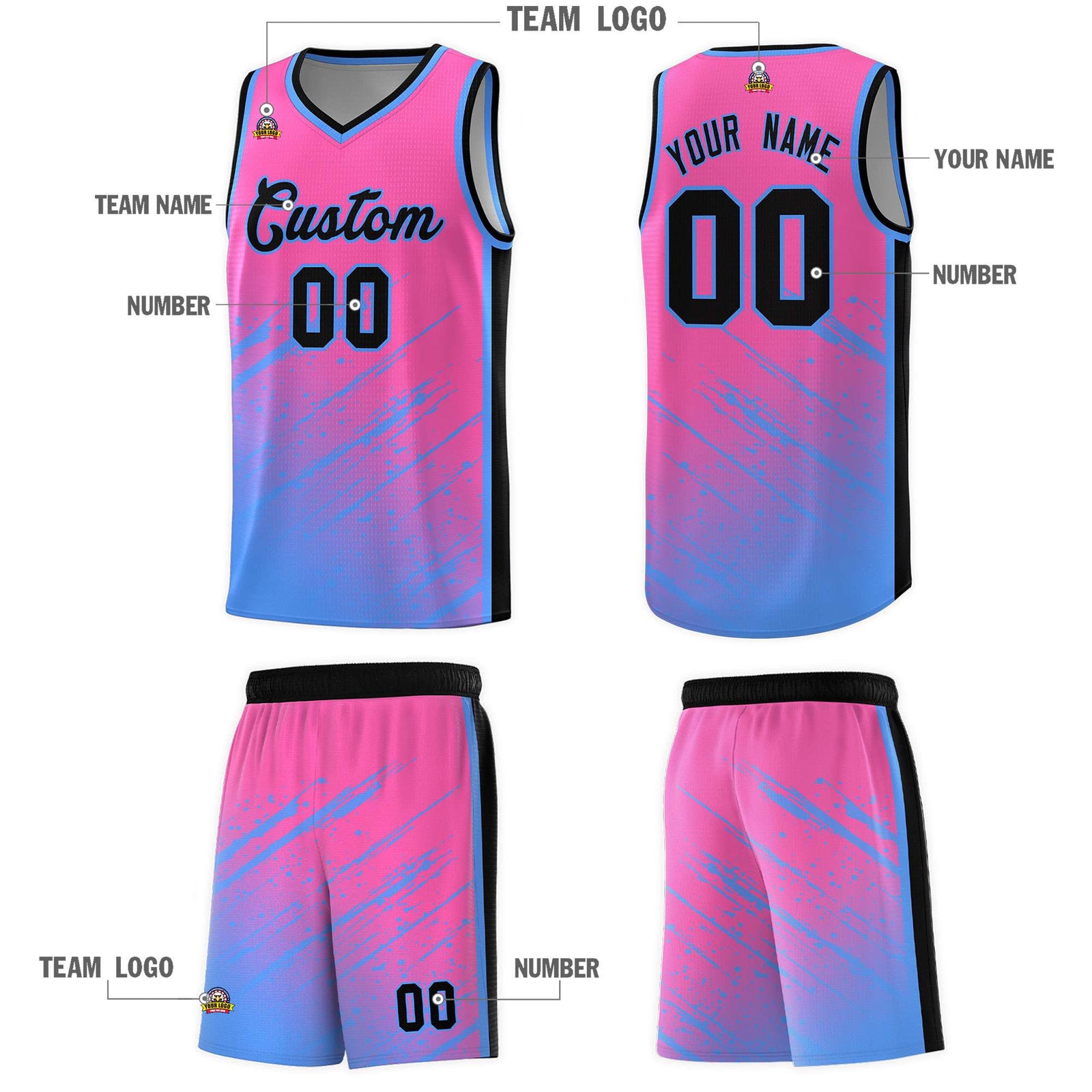 Custom Pink Basketball Kits With Powder Blue Paint Graffiti