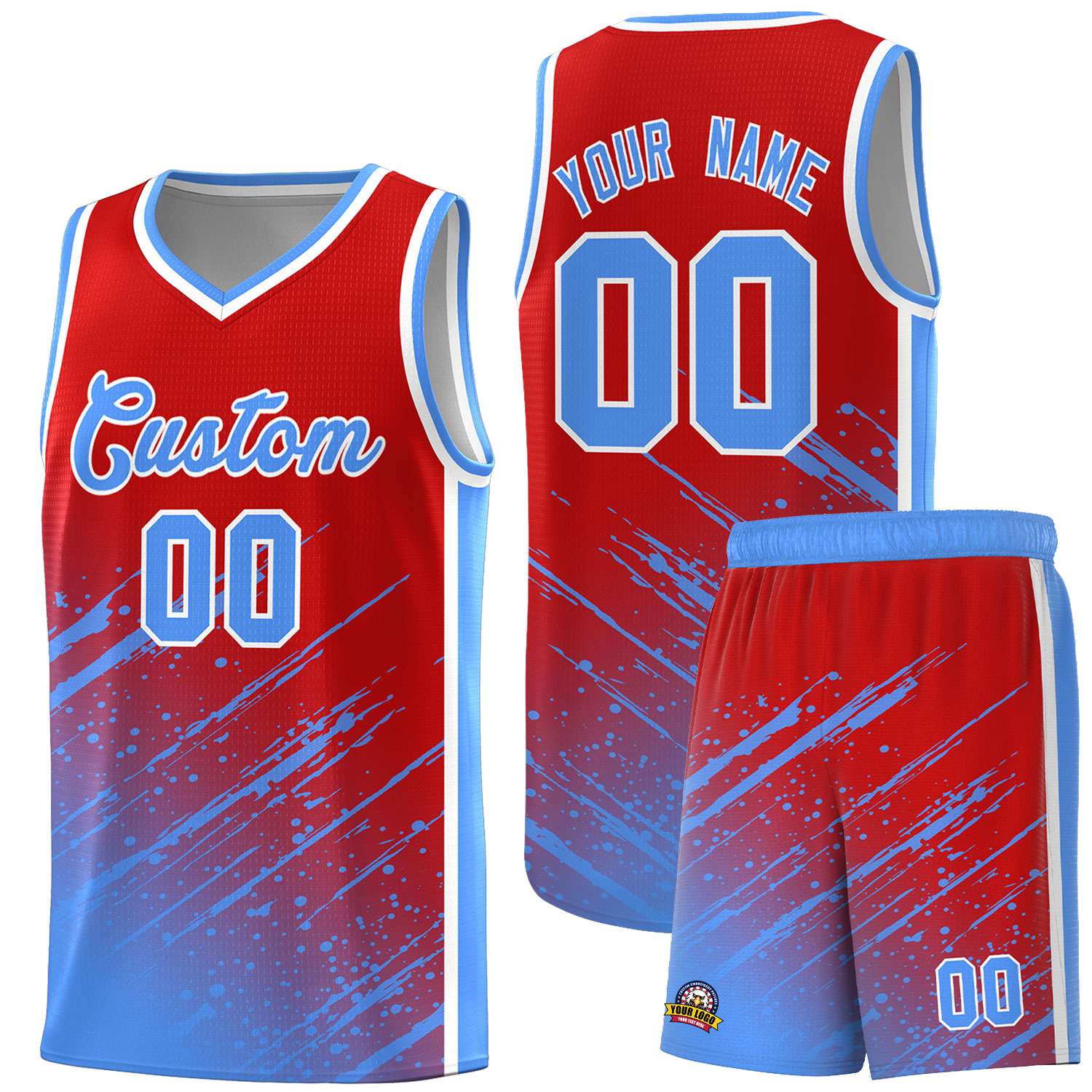 Custom Red Basketball Kits With Powder Blue Paint Graffiti