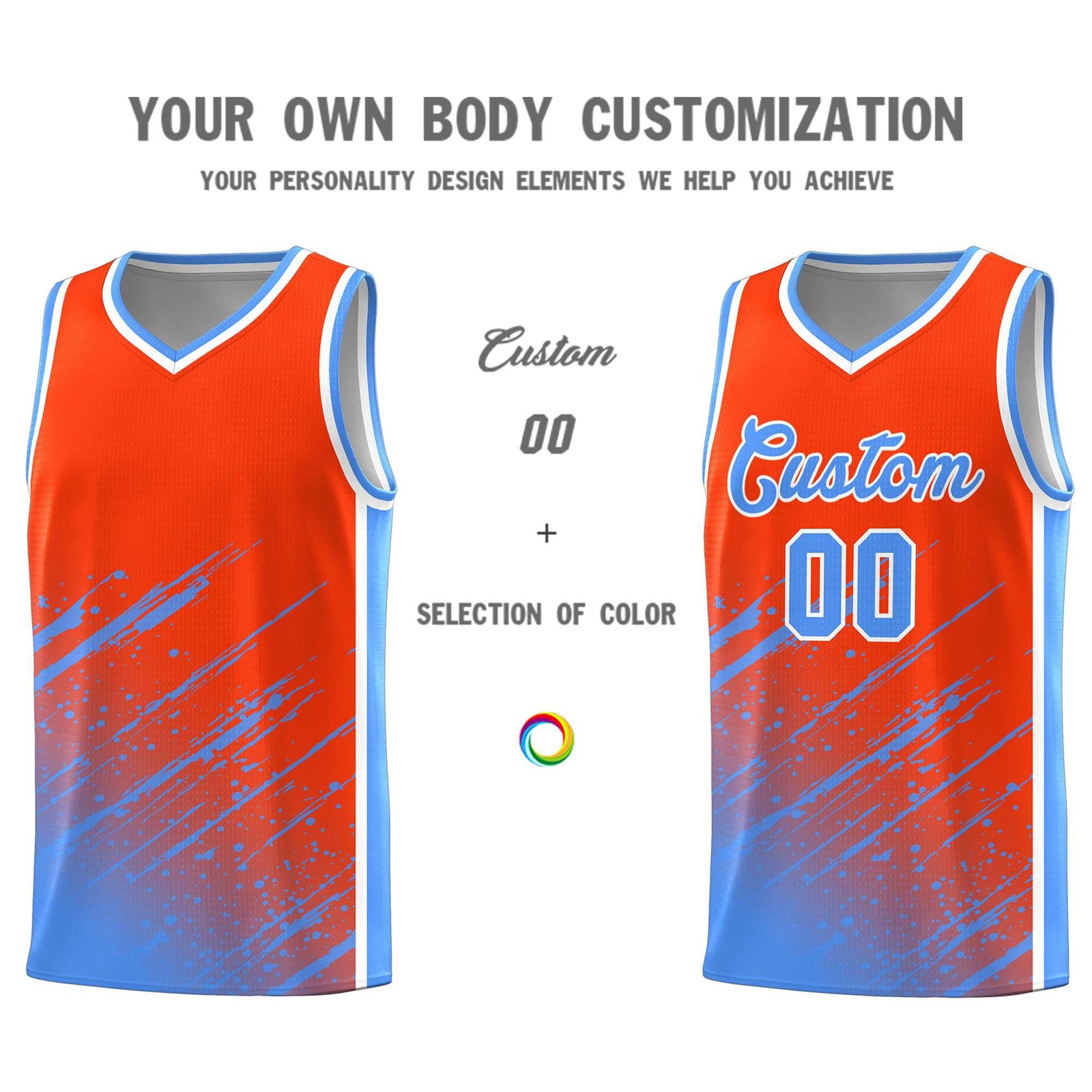 Custom Orange Basketball Kits With Powder Blue Paint Graffiti
