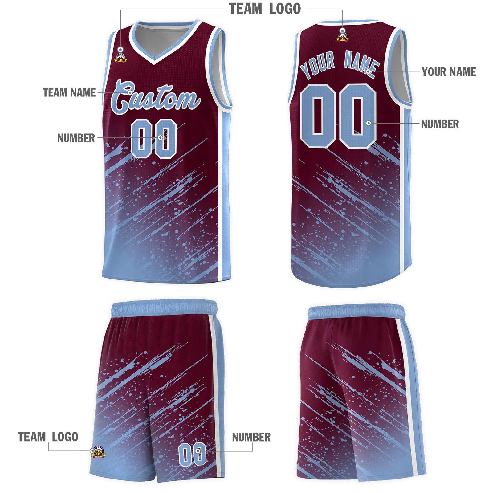 Custom Crimson Basketball Kits With Light Blue Paint Graffiti