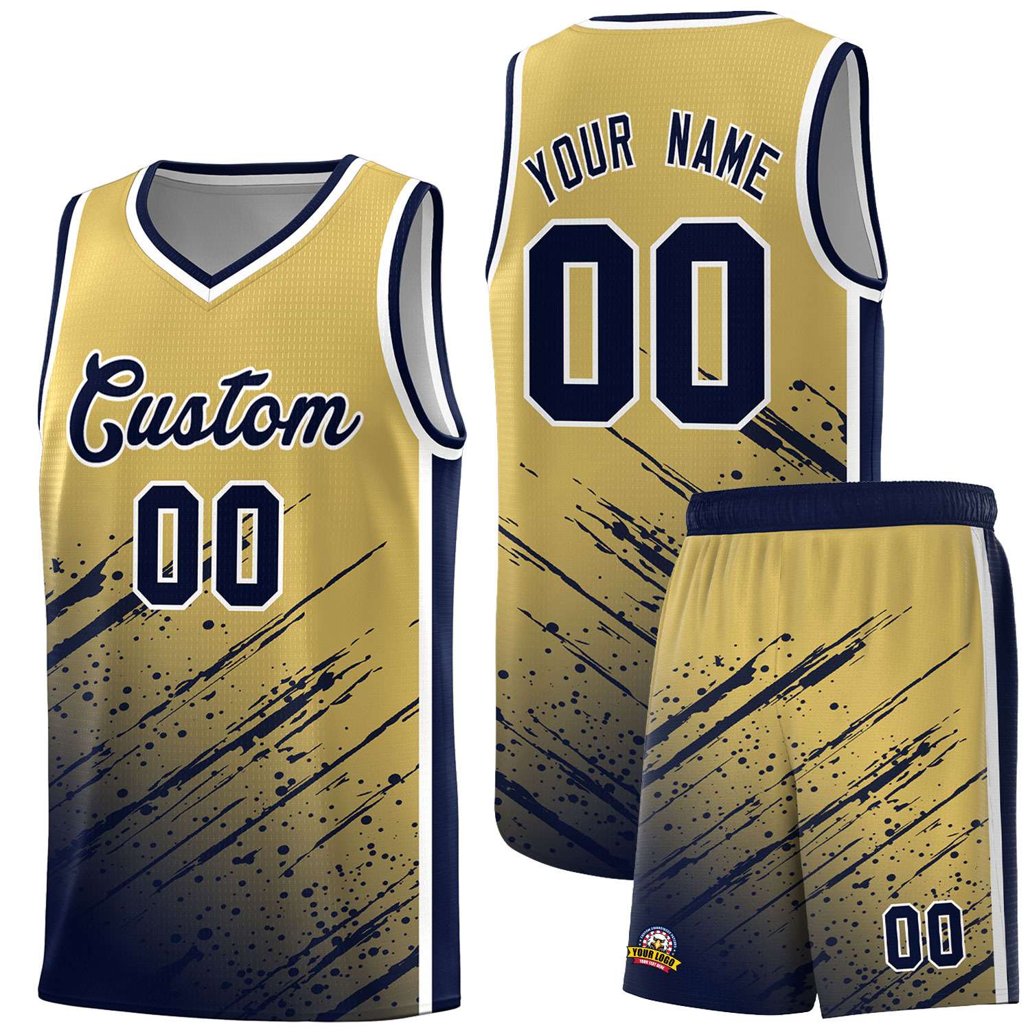 Custom Khaki Basketball Kits With Navy Paint Graffiti