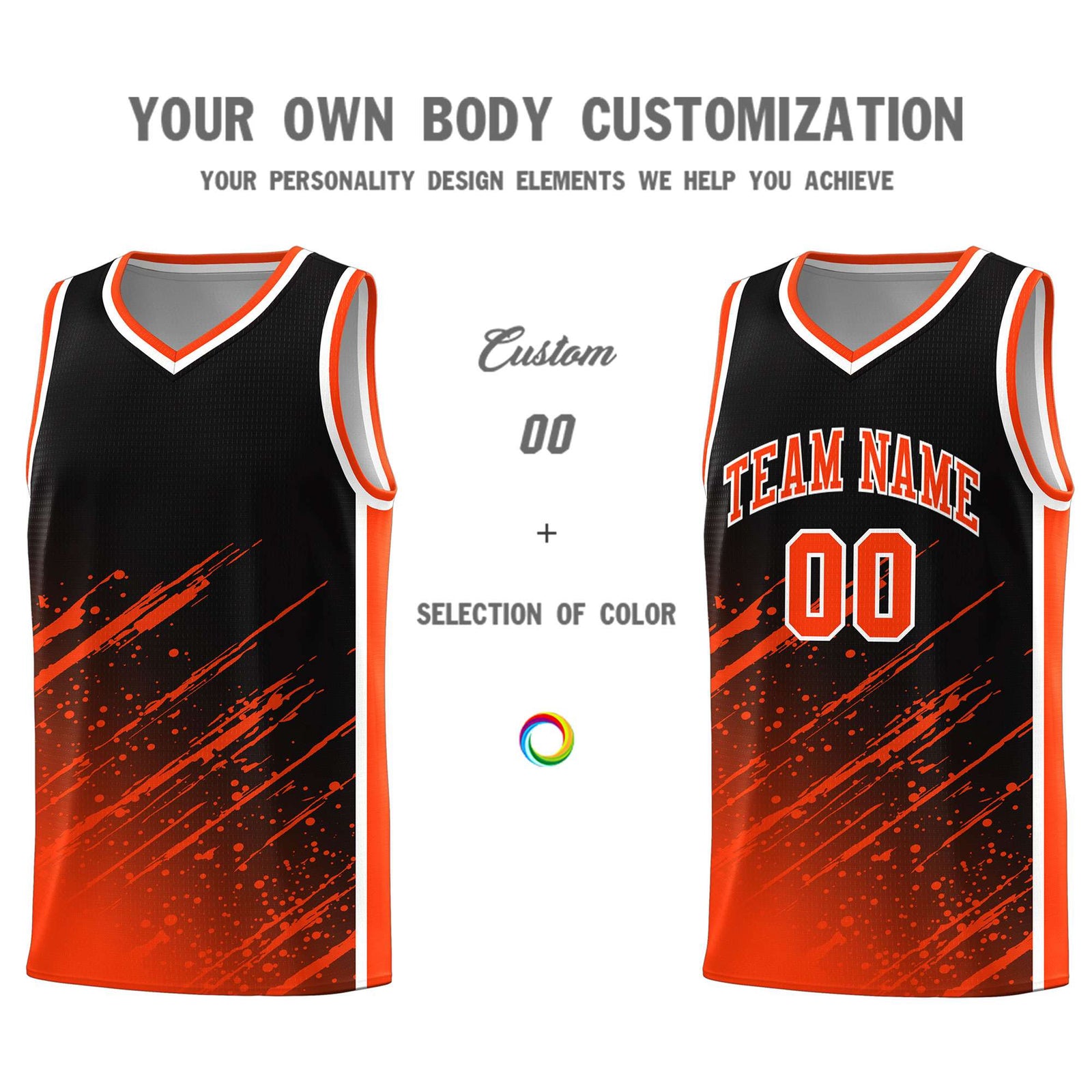 Custom Black Basketball Kits With Orange Paint Graffiti