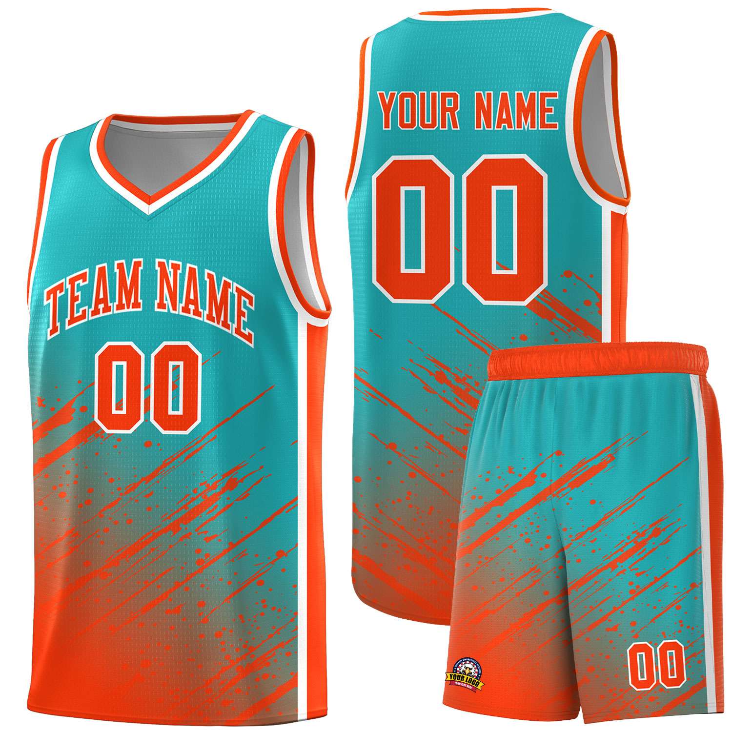 Custom Aqua Basketball Kits With Orange Paint Graffiti