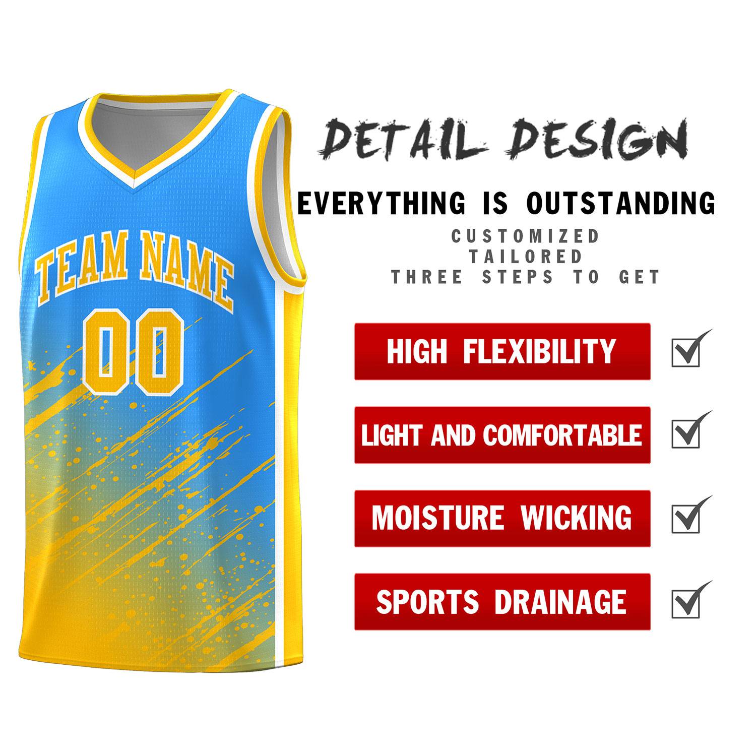 Custom Powder Blue Basketball Kits With Yellow Paint Graffiti