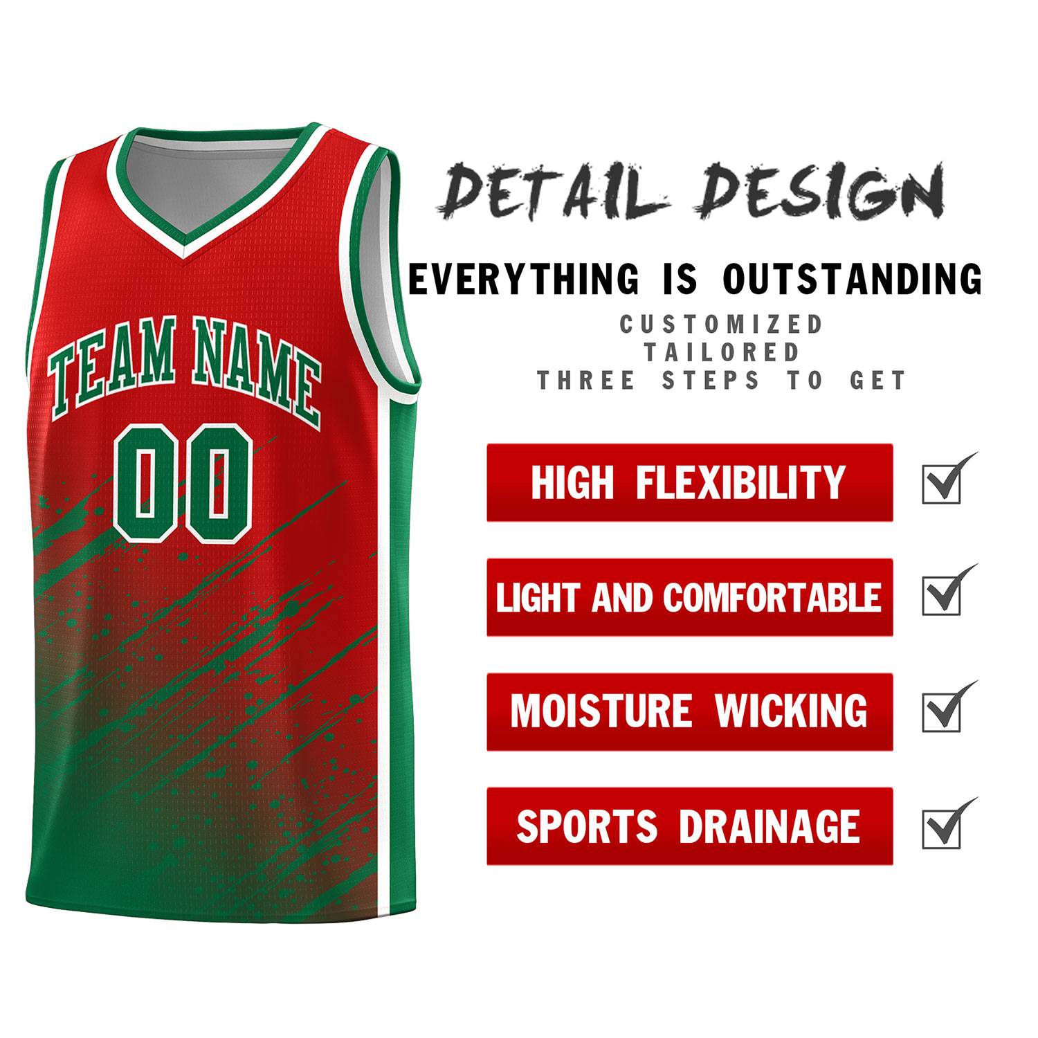 Custom Red Basketball Kits With Kelly Green Paint Graffiti