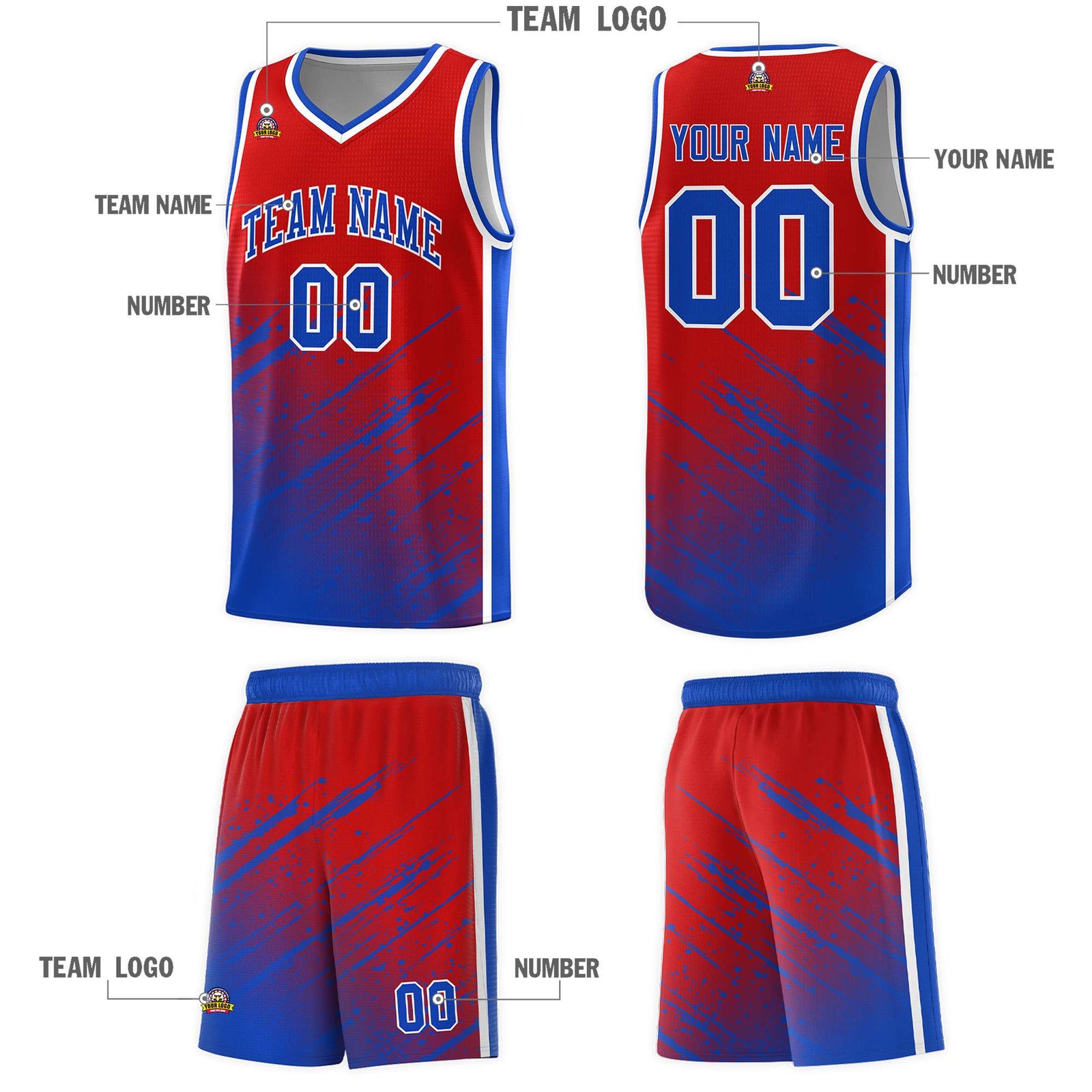 Custom Red Basketball Kits With Royal Paint Graffiti