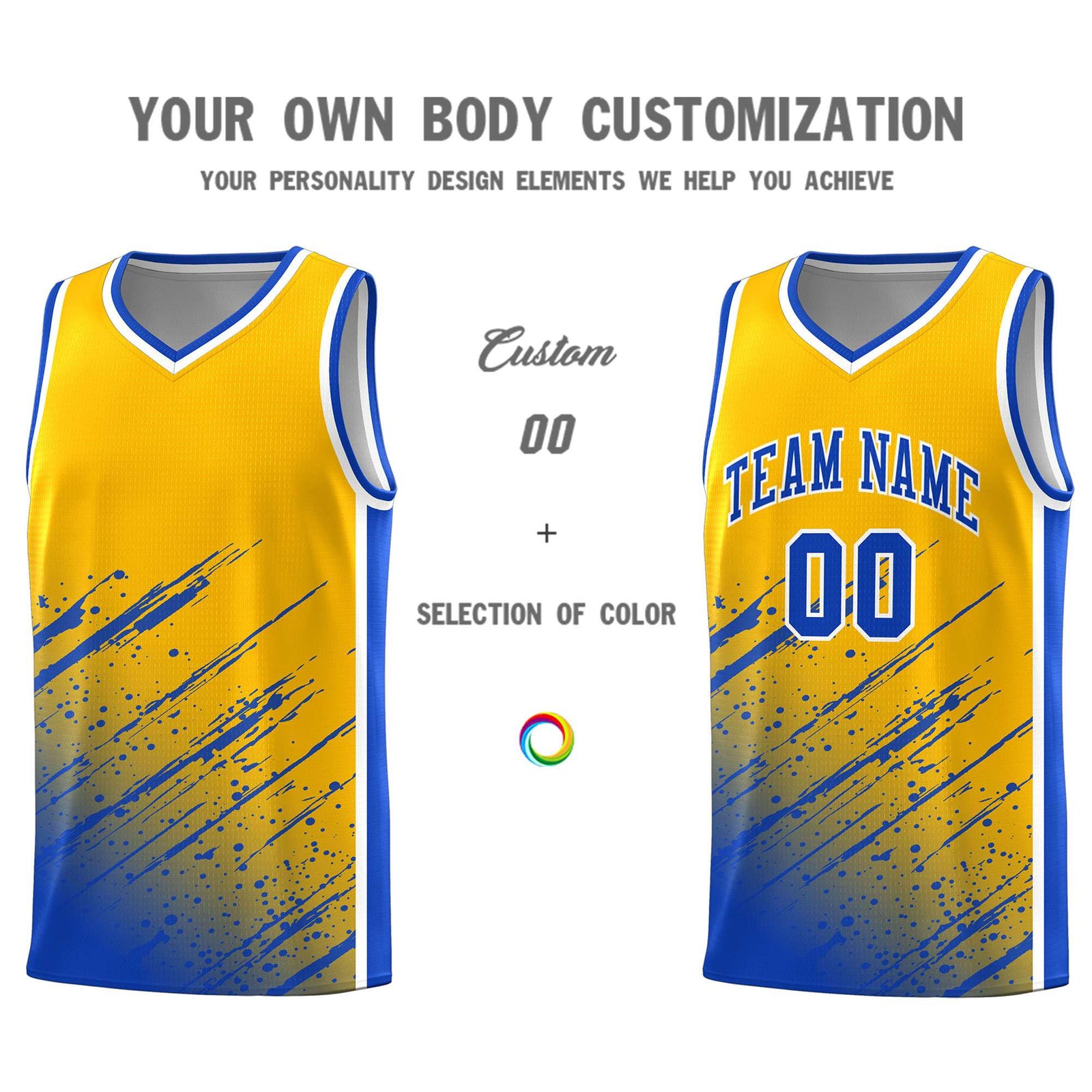 Custom Yellow Basketball Kits With Royal Paint Graffiti