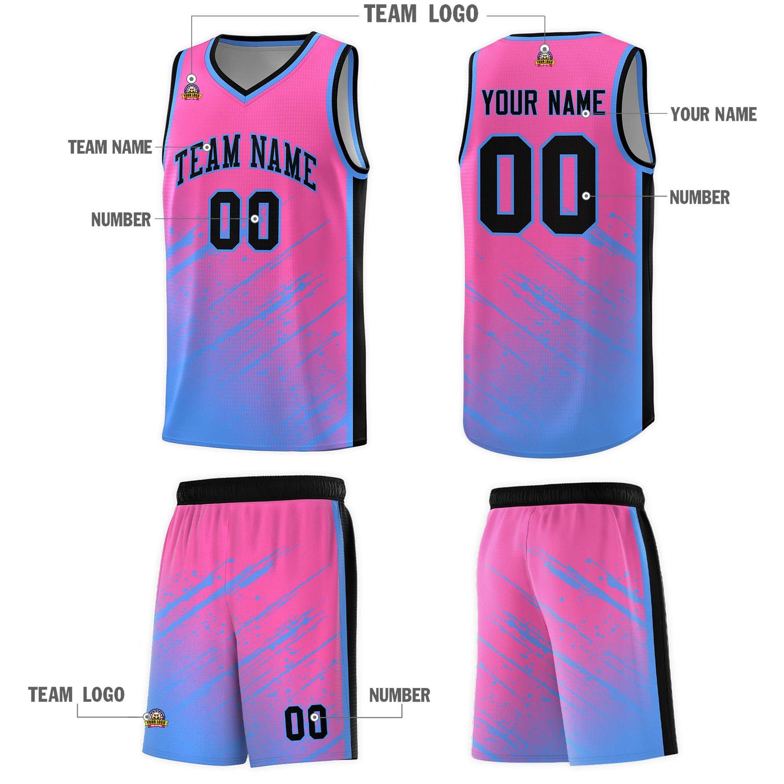 Custom Pink Basketball Kits With Powder Blue Paint Graffiti