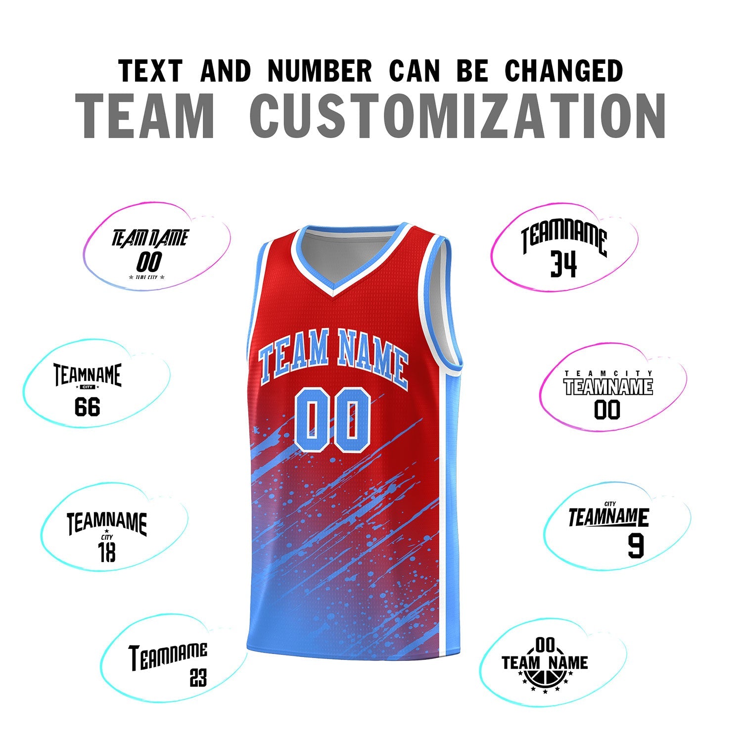 Custom Red Basketball Kits With Powder Blue Paint Graffiti