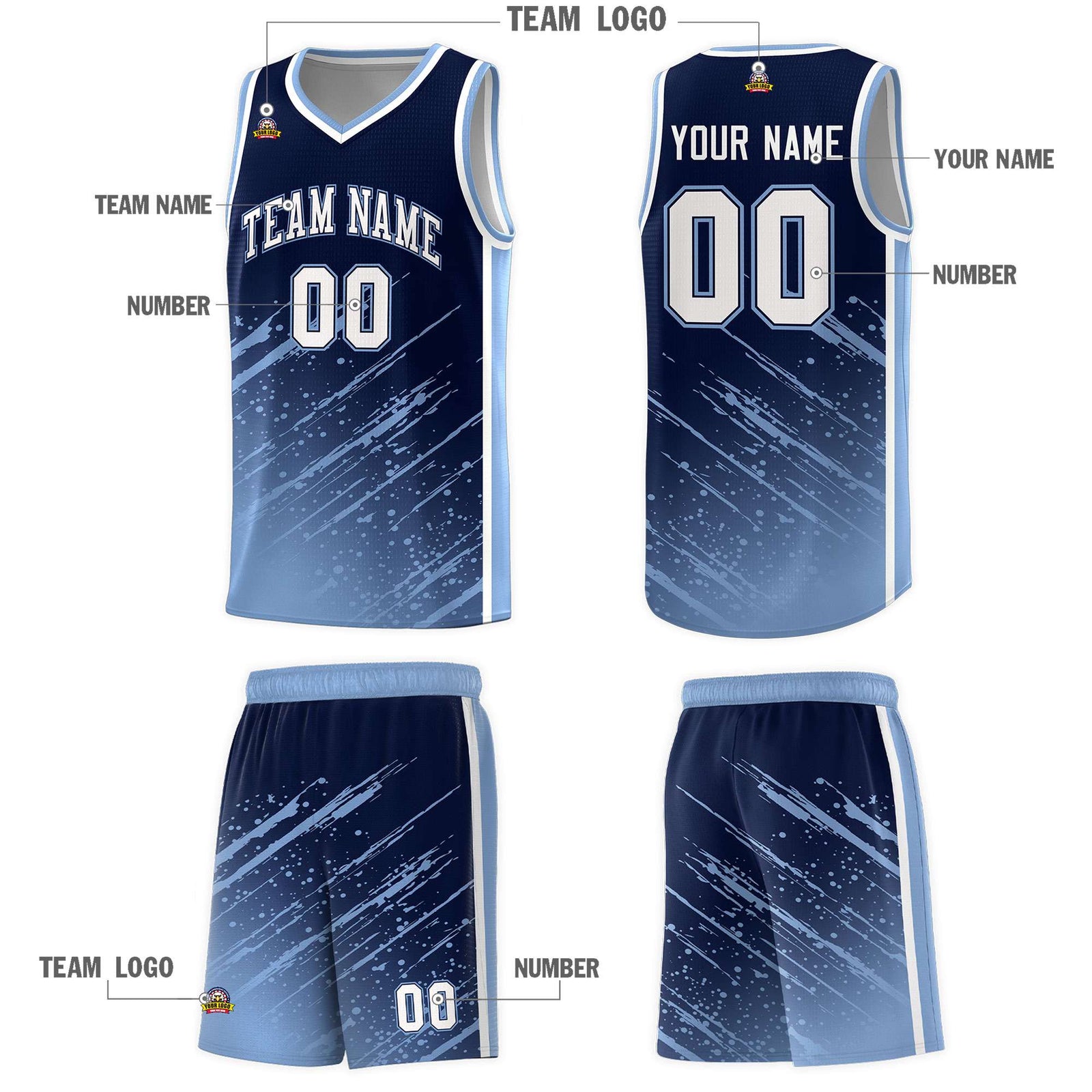 Custom Navy Basketball Kits With Light Blue Paint Graffiti