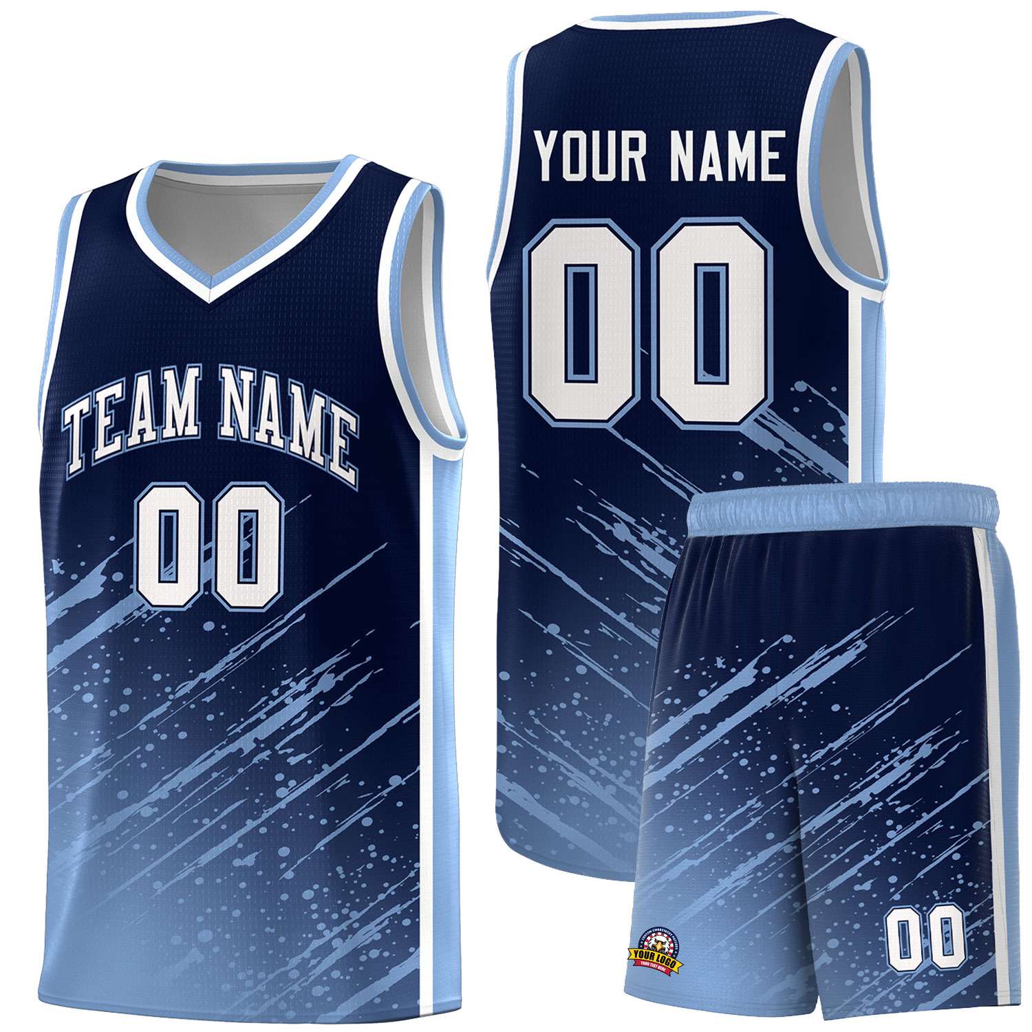 Custom Navy Basketball Kits With Light Blue Paint Graffiti