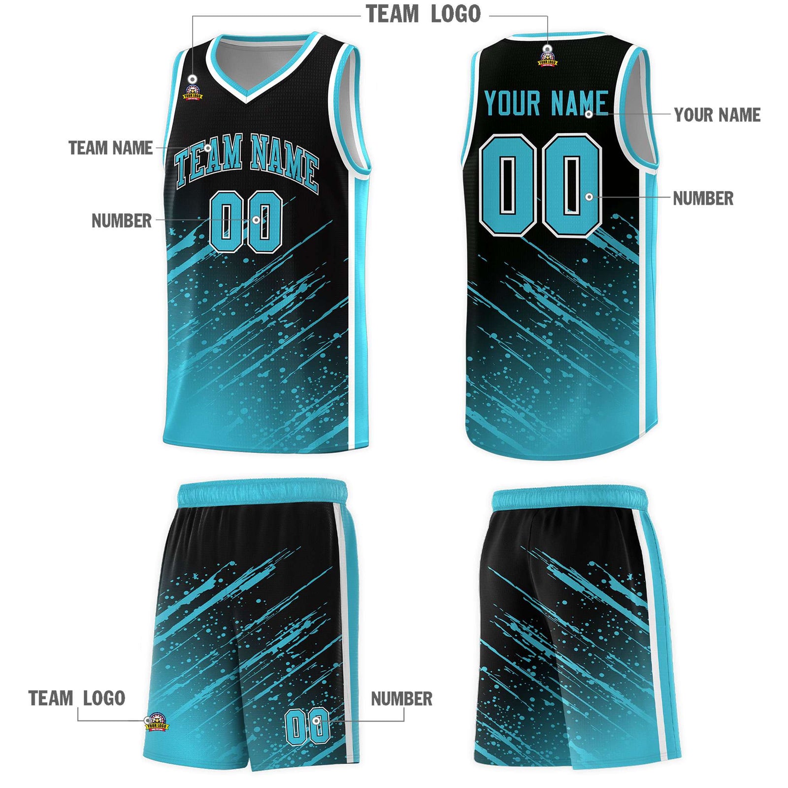 Custom Black Basketball Kits With Sky Blue Paint Graffiti