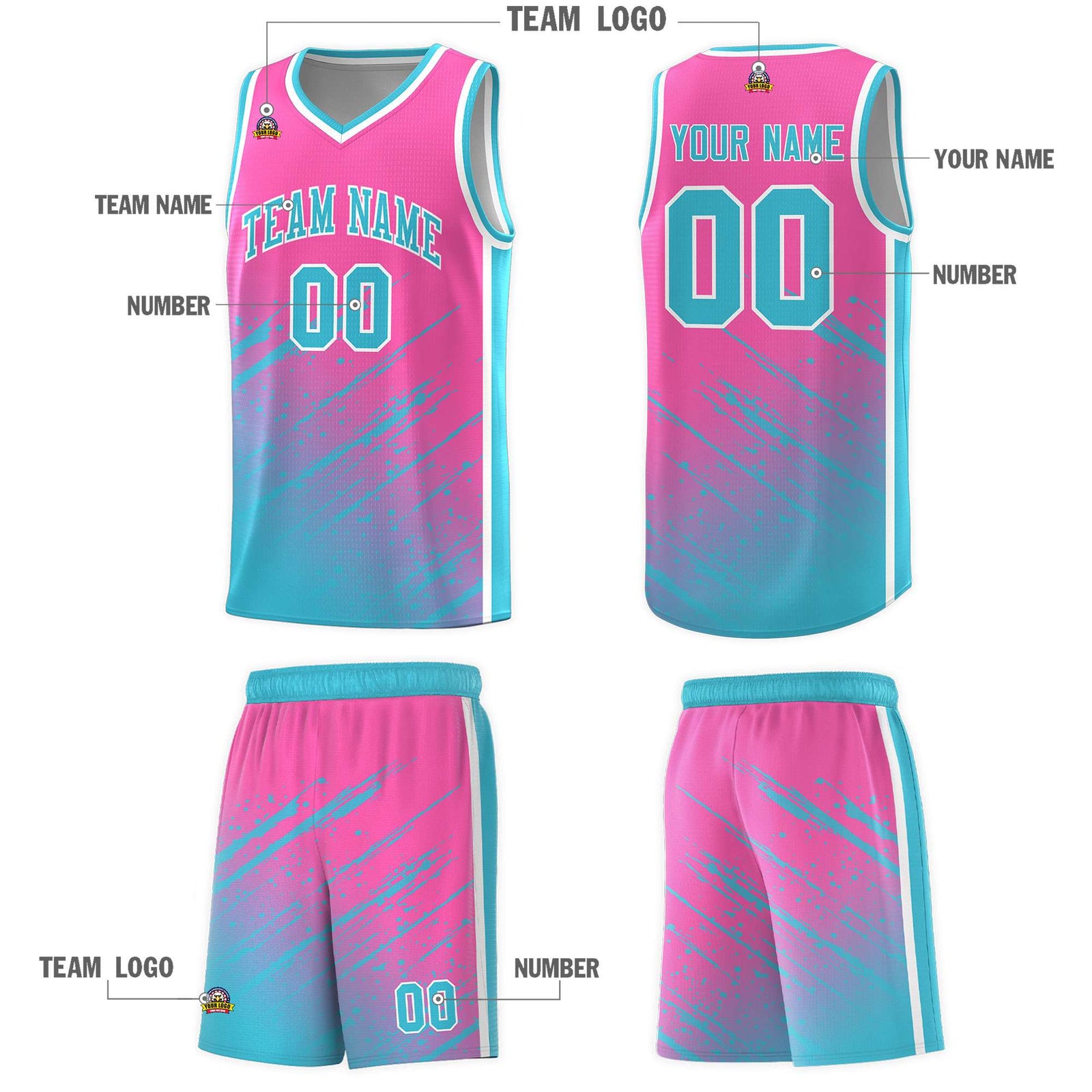 Custom Pink Basketball Kits With Sky Blue Paint Graffiti