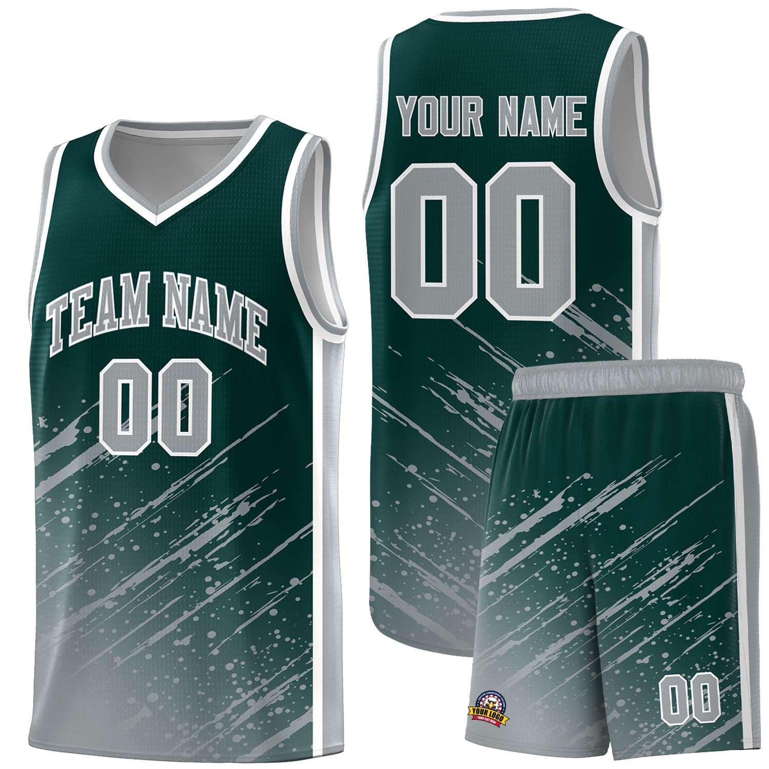 Custom Midnight Green Basketball Kits With Gray Paint Graffiti