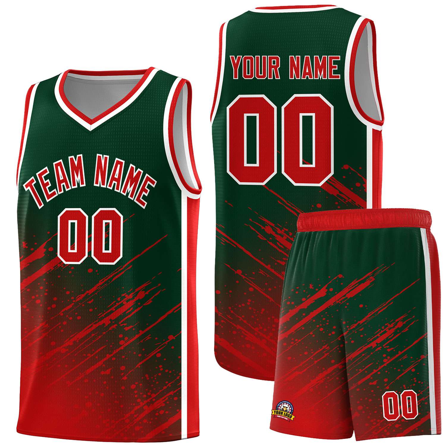 Custom Green Basketball Kits With Red Paint Graffiti