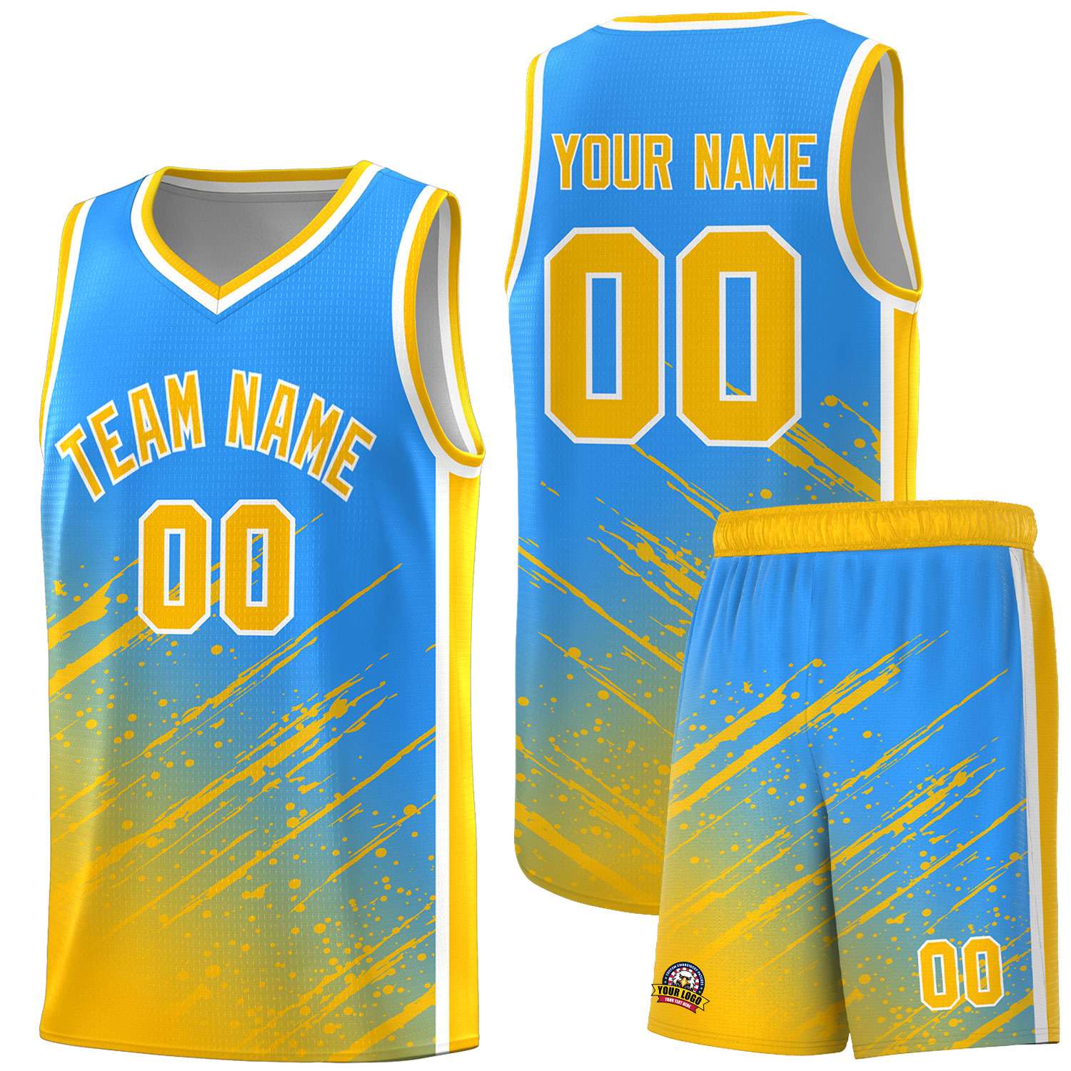 Custom Powder Blue Basketball Kits With Yellow Paint Graffiti