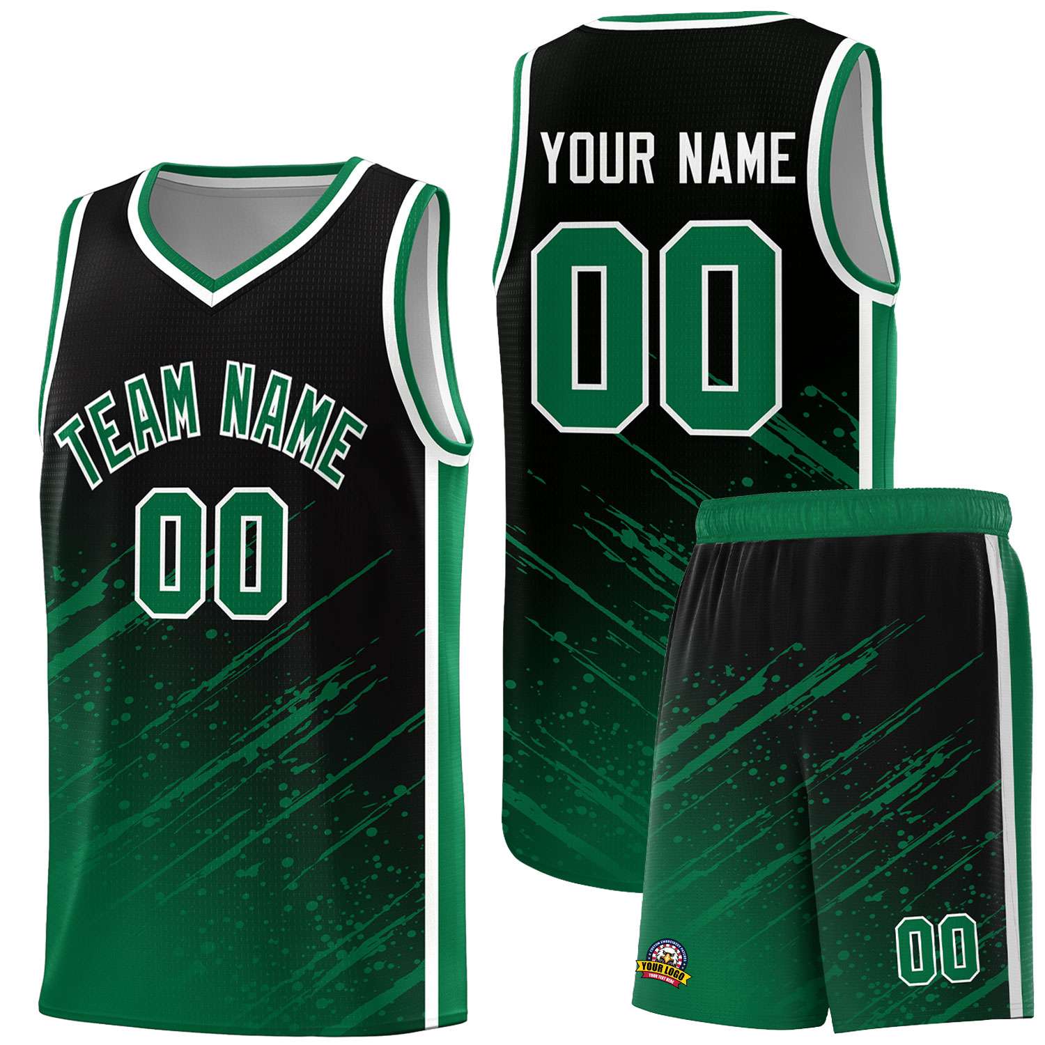 Custom Black Basketball Kits With Kelly Green Paint Graffiti