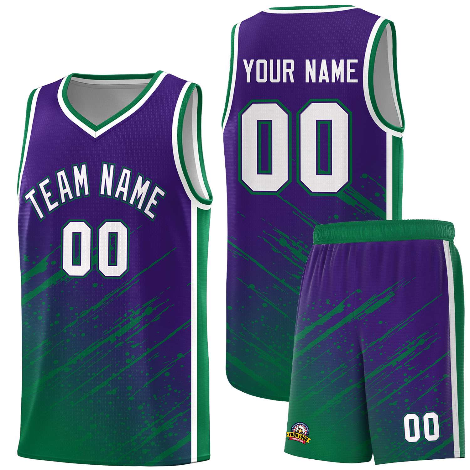 Custom Purple Basketball Kits With Kelly Green Paint Graffiti