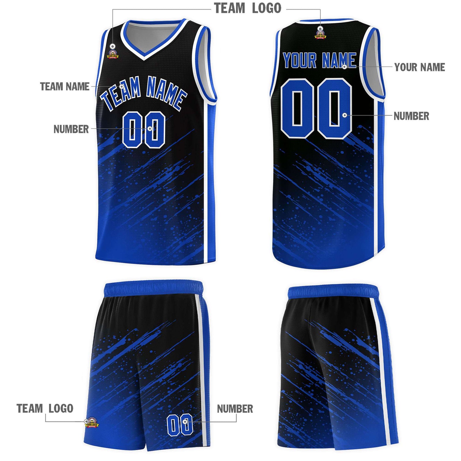 Custom Black Basketball Kits With Royal Paint Graffiti