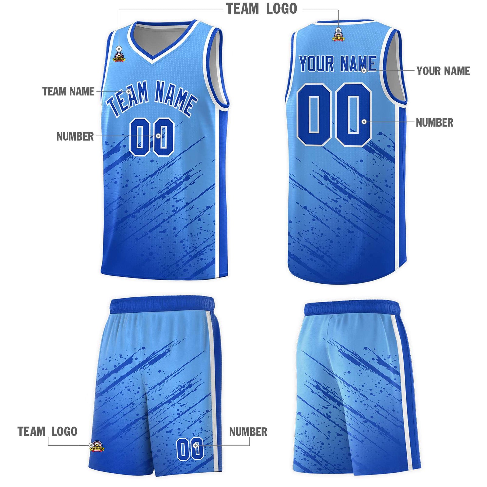 Custom Powder Blue Basketball Kits With Royal Paint Graffiti