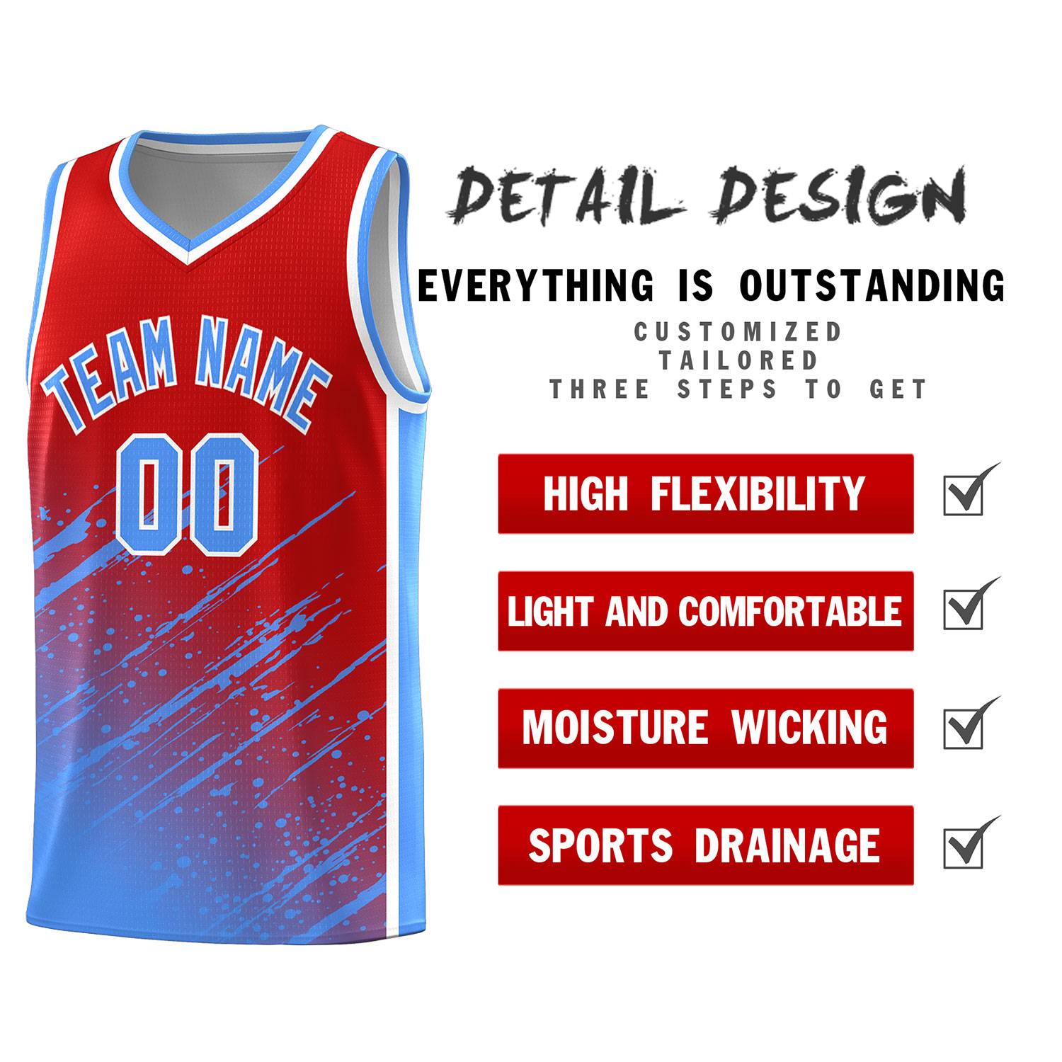 Custom Red Basketball Kits With Powder Blue Paint Graffiti
