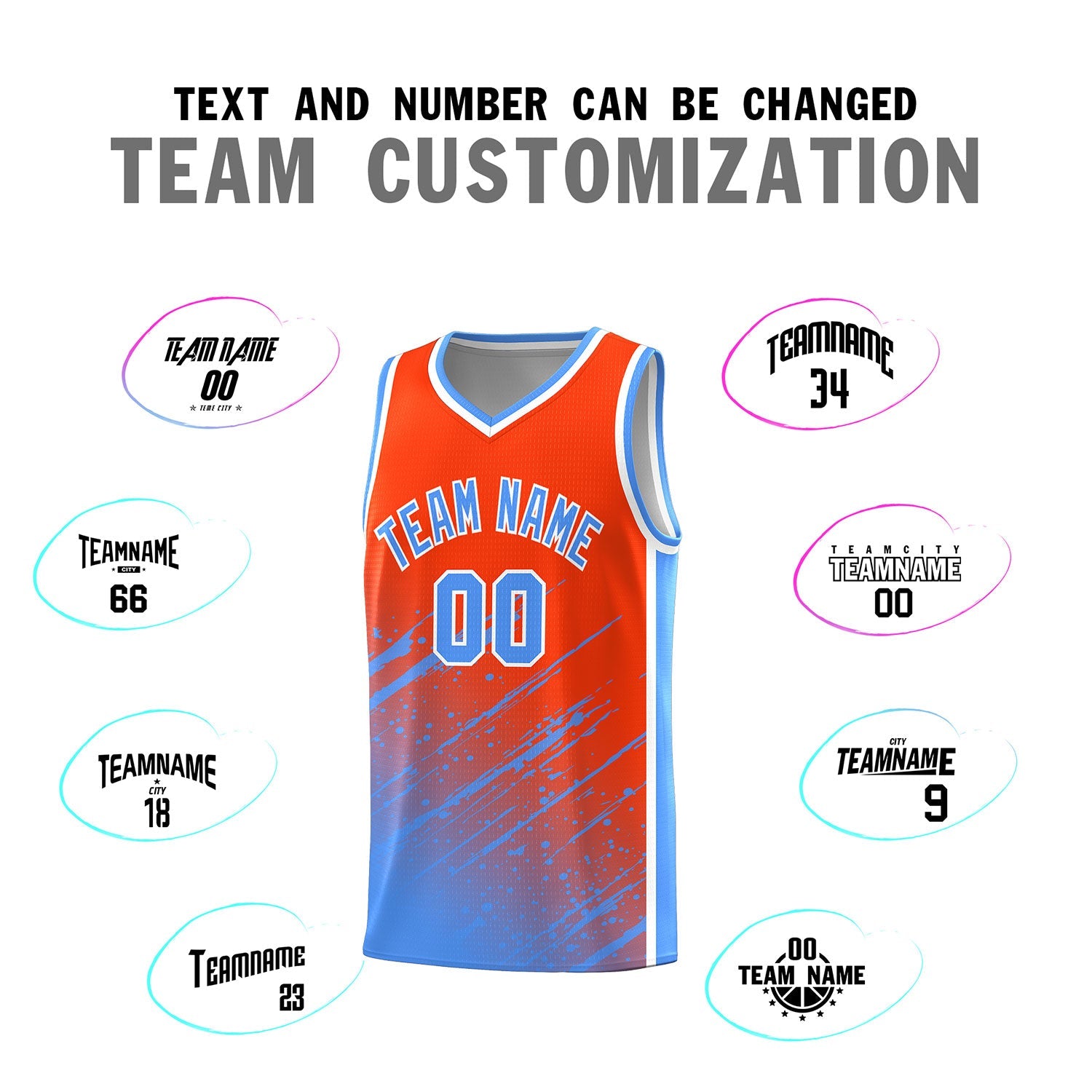 Custom Orange Basketball Kits With Powder Blue Paint Graffiti