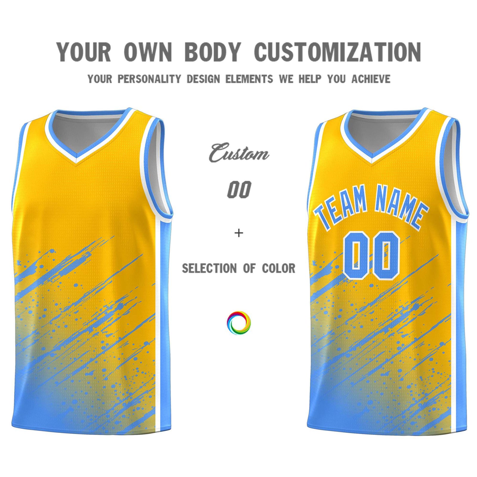 Custom Yellow Basketball Kits With Powder Blue Paint Graffiti
