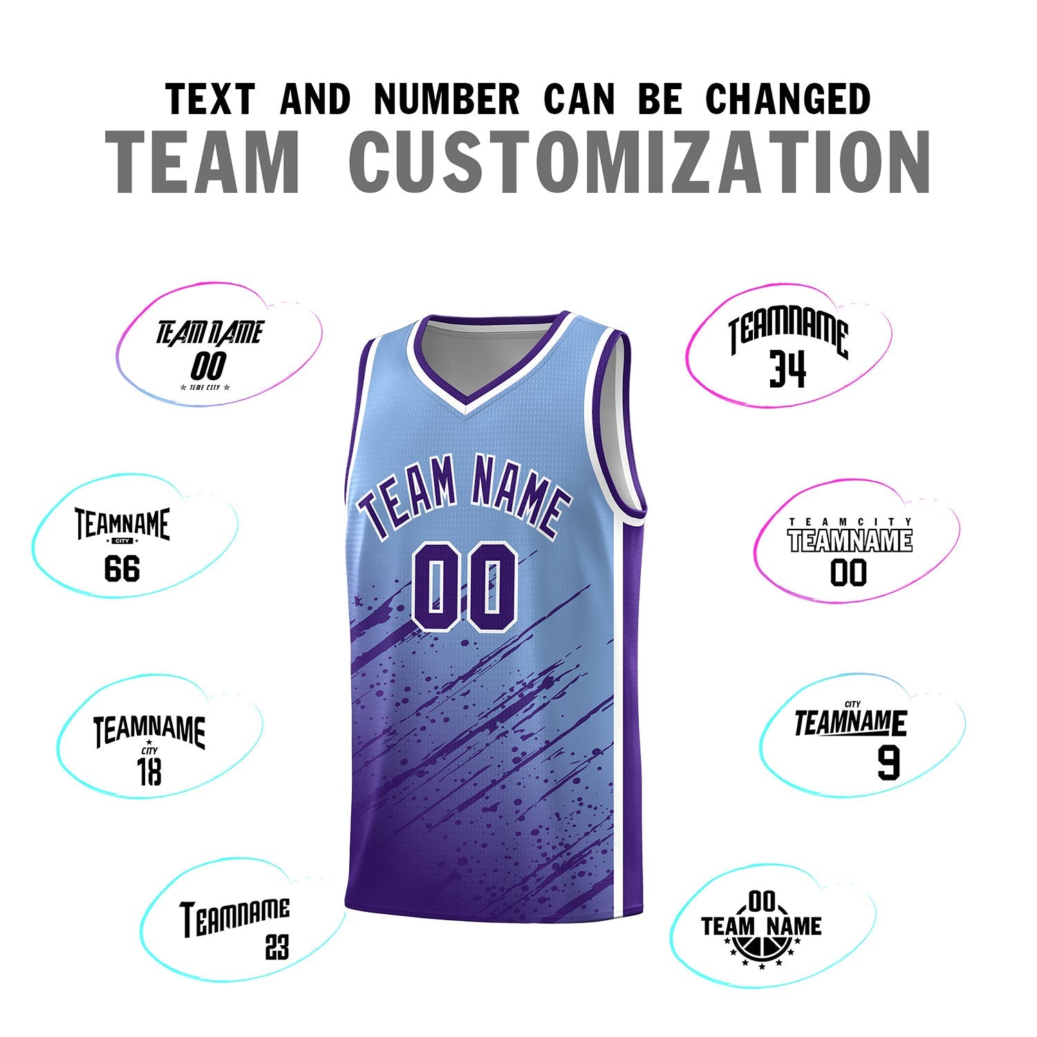 Custom Light Blue Basketball Kits With Purple Paint Graffiti