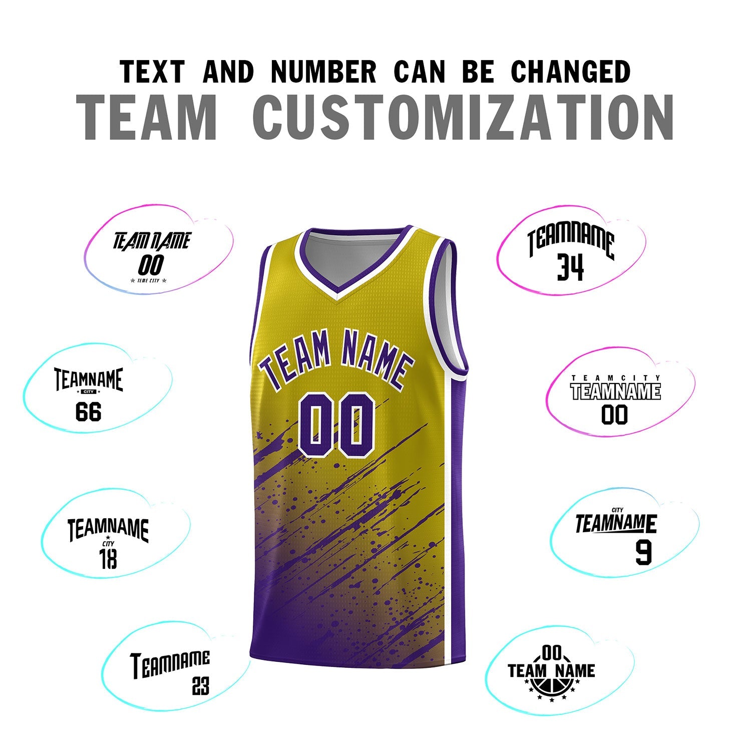 Custom Old Gold Basketball Kits With Purple Paint Graffiti