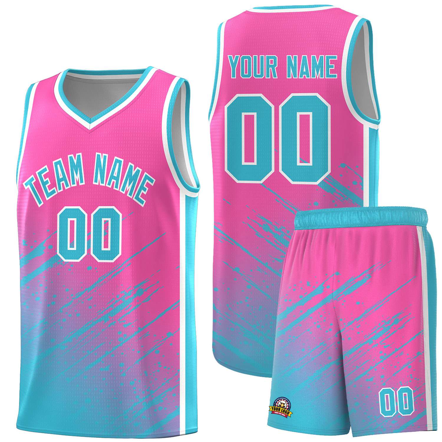 Custom Pink Basketball Kits With Sky Blue Paint Graffiti