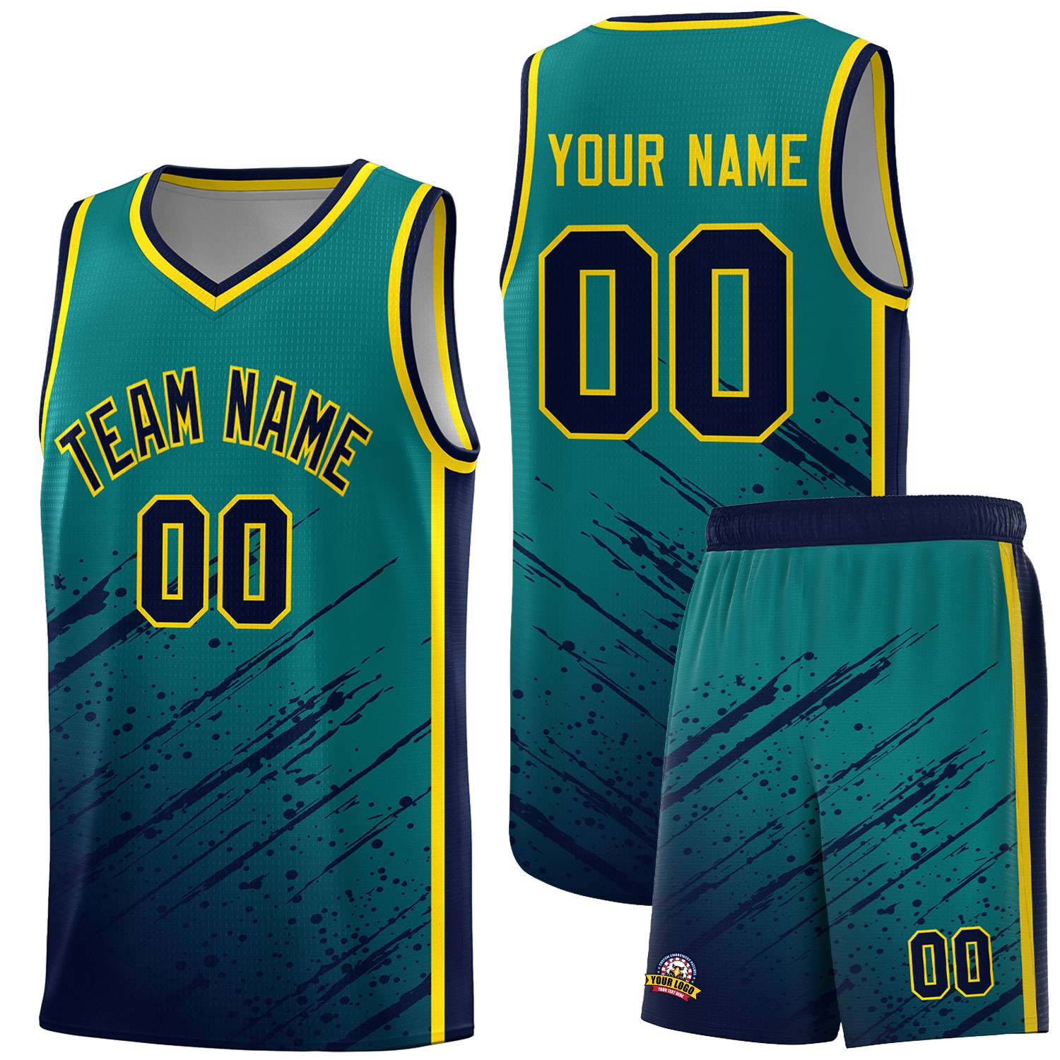Custom Aqua Basketball Kits With Navy Paint Graffiti