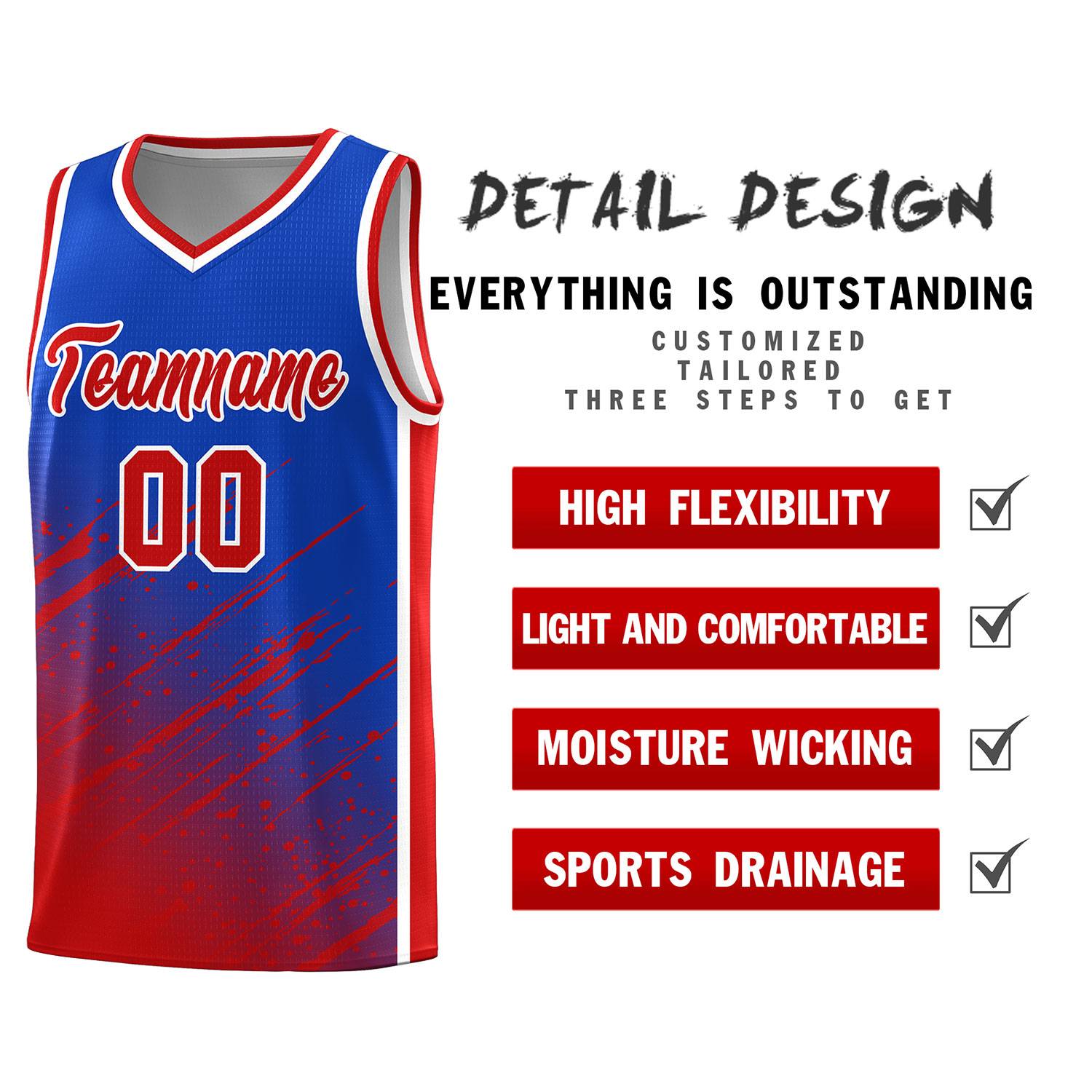 Custom Royal Basketball Kits With Red Paint Graffiti