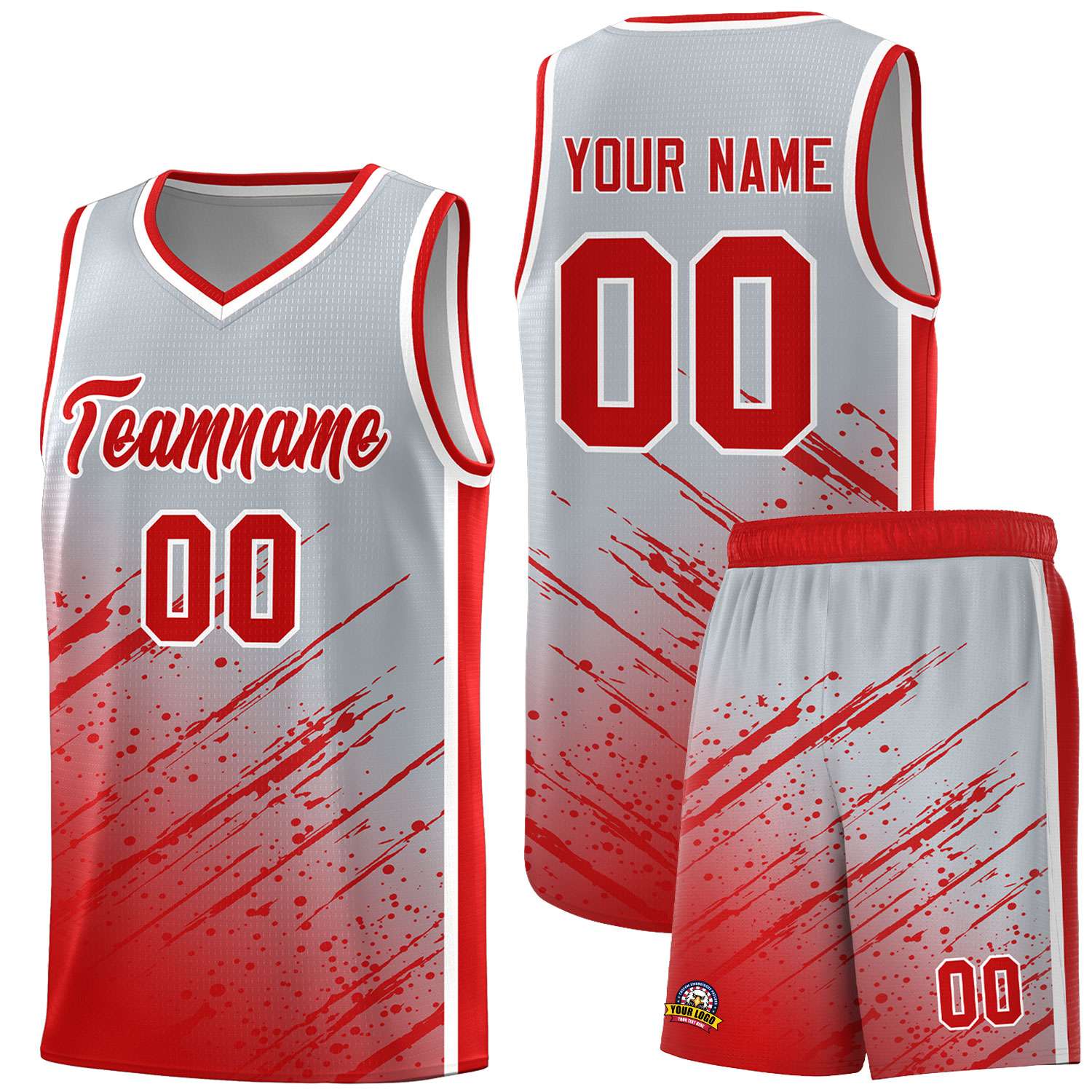 Custom Gray Basketball Kits With Red Paint Graffiti