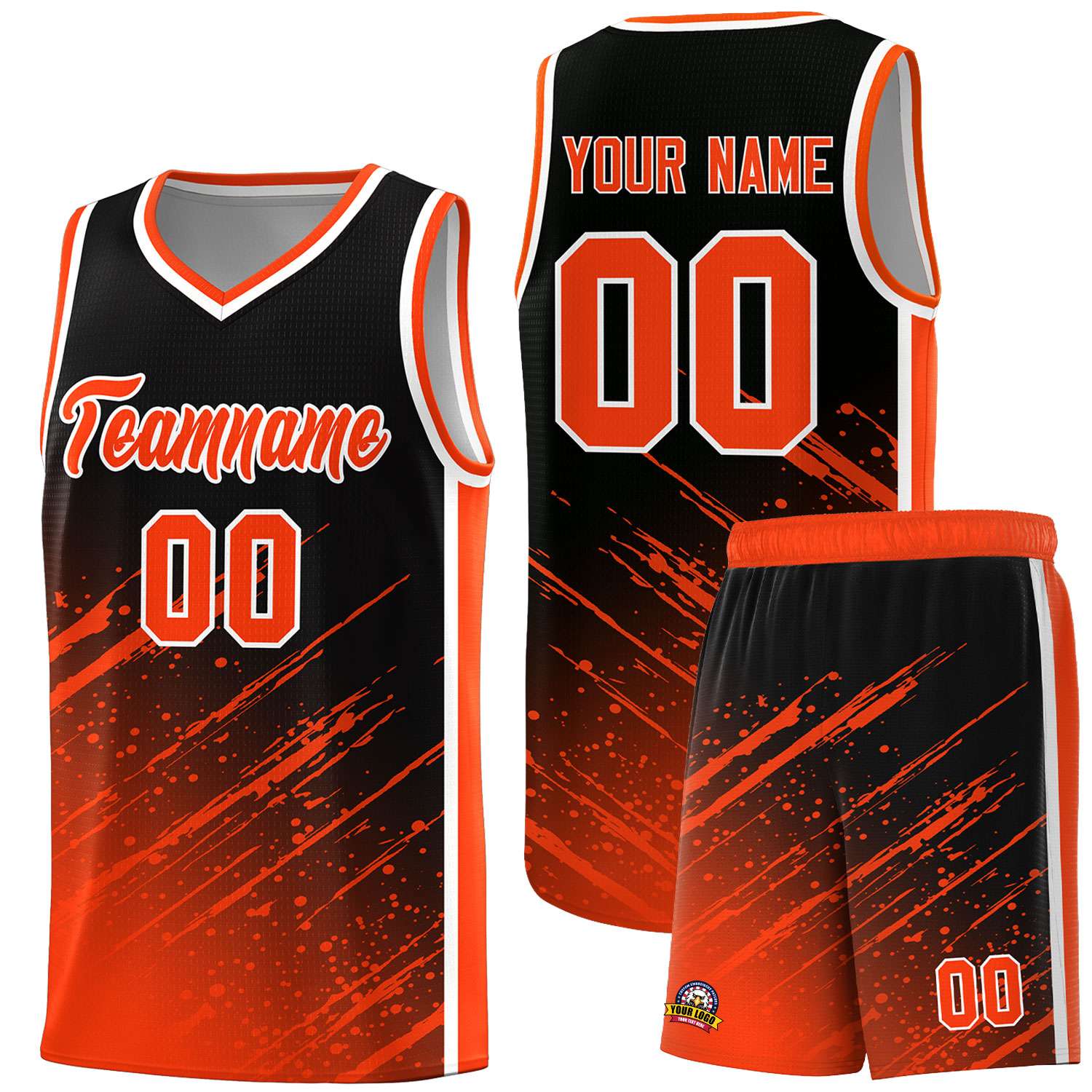 Custom Black Basketball Kits With Orange Paint Graffiti