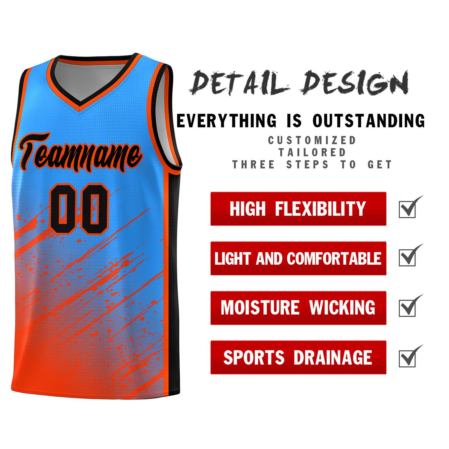 Custom Powder Blue Basketball Kits With Orange Paint Graffiti