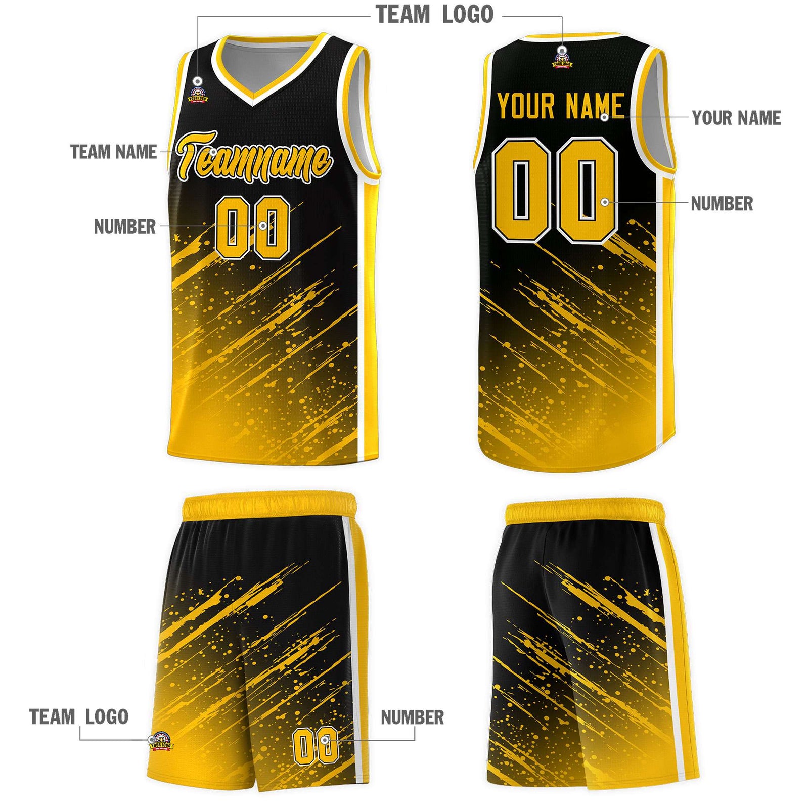 Custom Black Basketball Kits With Yellow Paint Graffiti