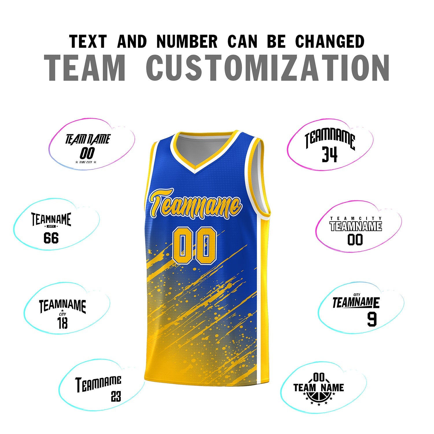 Custom Royal Basketball Kits With Yellow Paint Graffiti
