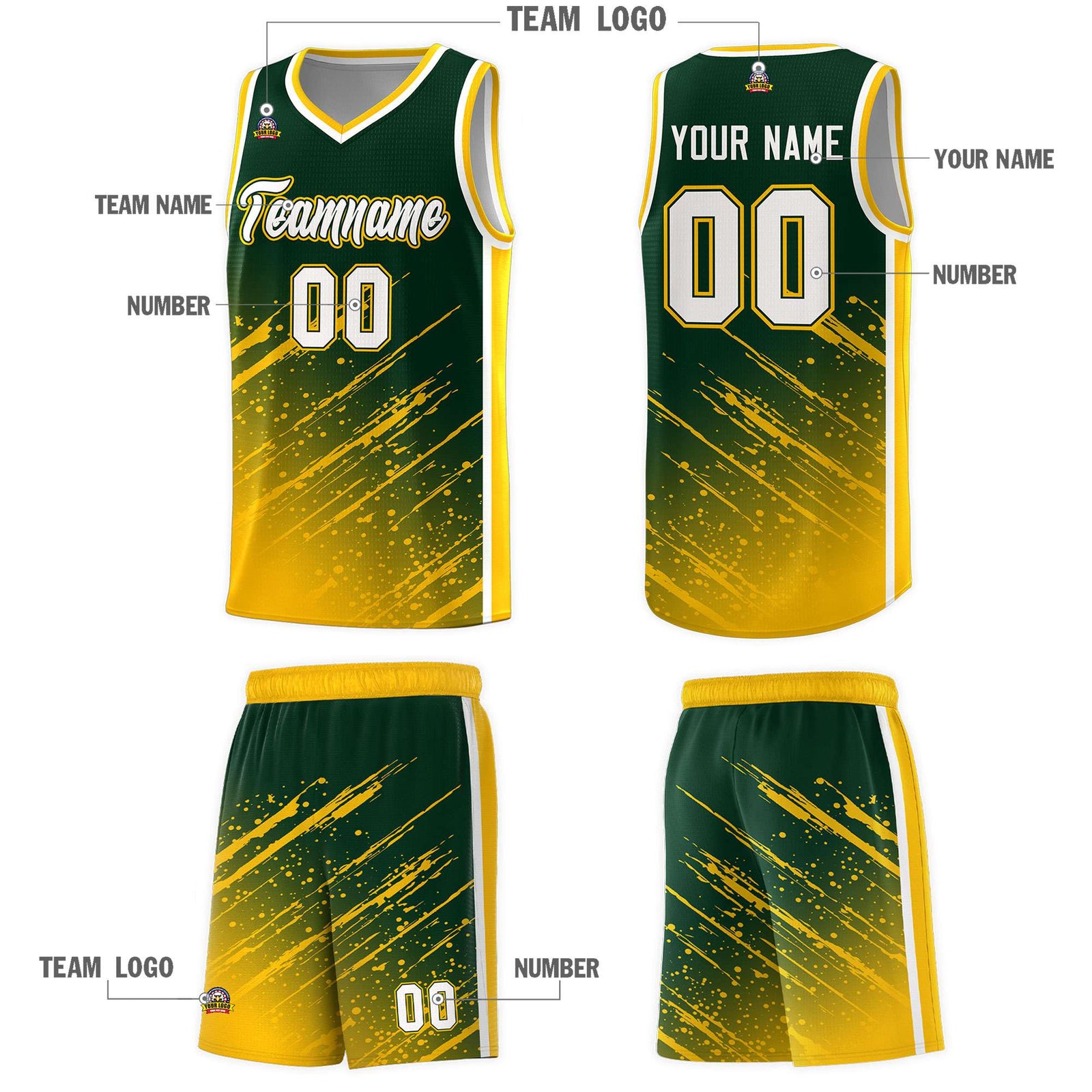 Custom Green Basketball Kits With Yellow Paint Graffiti